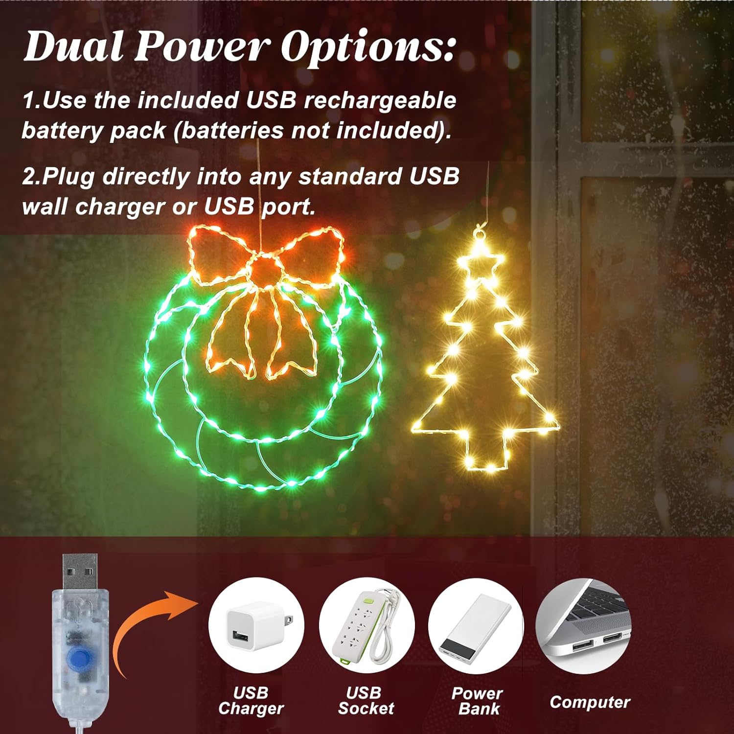 Christmas Trees And Wreath With Timer, 8 Modes Indoor Usb String Lights, 120 Led Lights Battery Operated, Christmas Wind