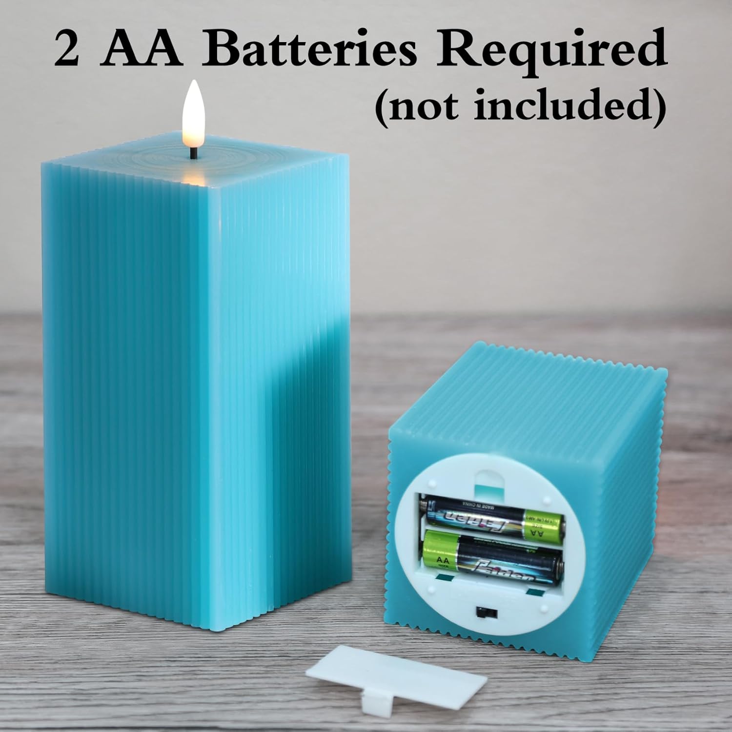 Turquoise Blue Flameless Candles With Remote, Square Ribbed Led Candles Battery Powered, Flickering Real Wax Set Of 2