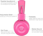 Kids K22 Wired Headphones, Foldable, 5ft Cord, 3.5mm Jack, Pink