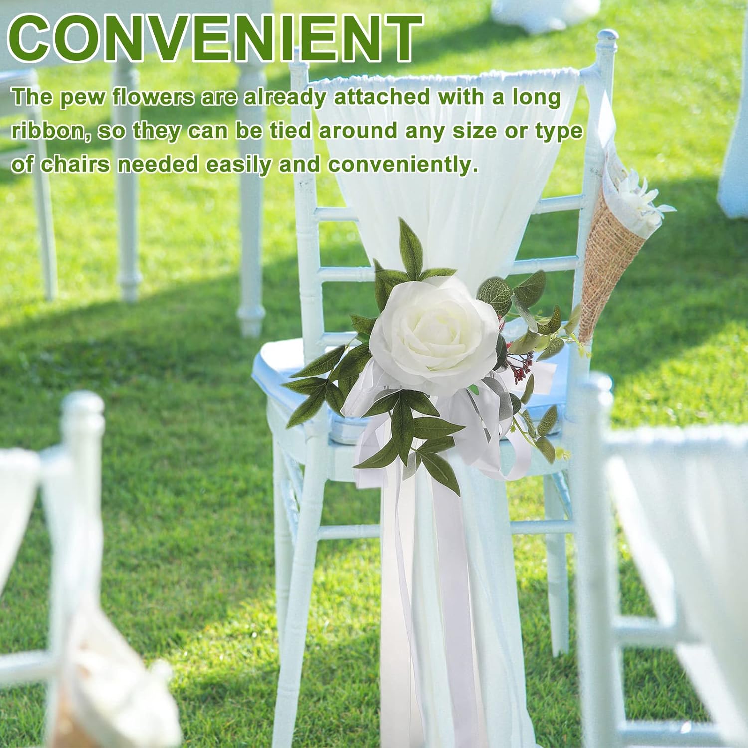 Fqqwee 6Pcs Wedding Aisle Chair Decorations White Rose Floral Wedding Chair Back Flowers With Leaves And Ribbons Church Chair Bench Pew Flowers For Wedding Ceremony Decor …, 10.11X10.62 Inch