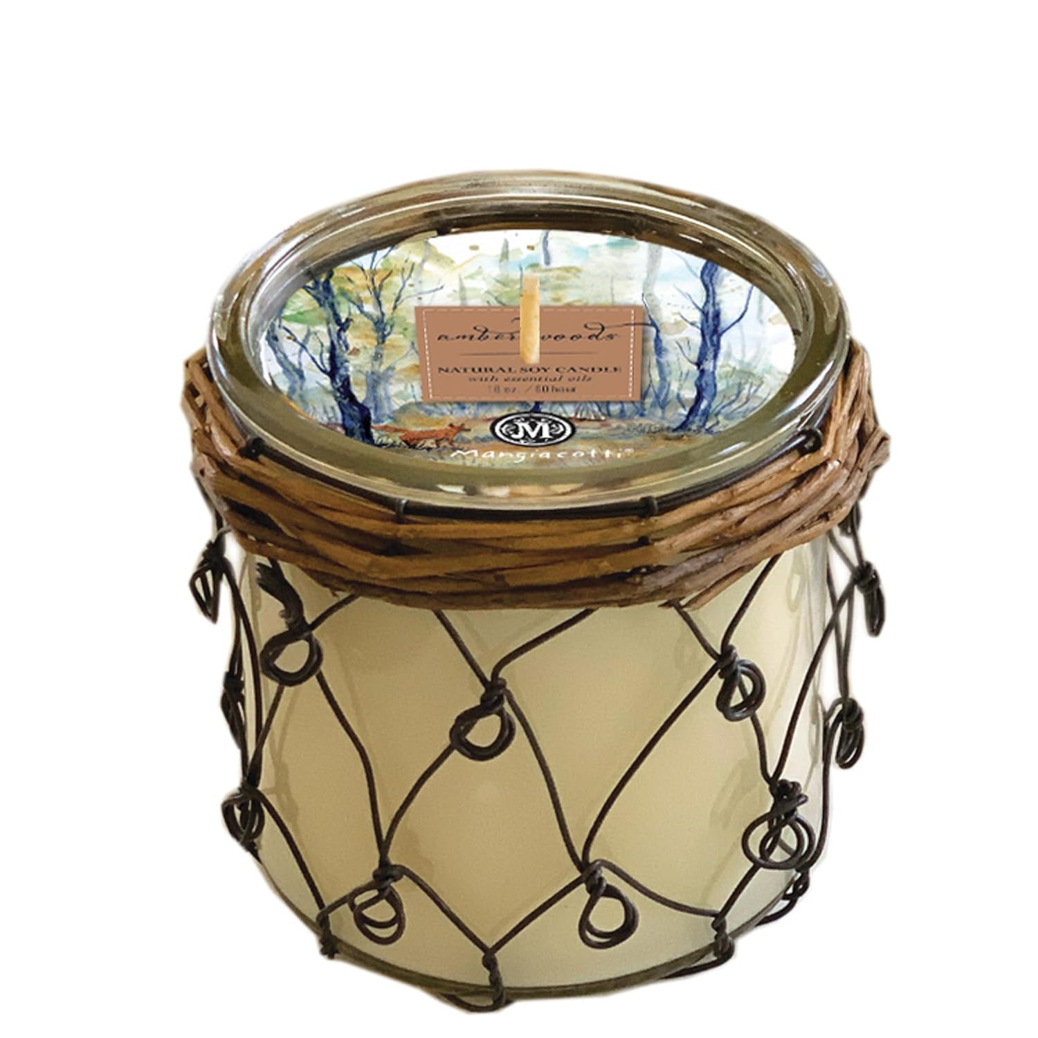 Amber Woods Hand Poured In A Wicker And Wire Glass Container Farmhouse Soy Candle
