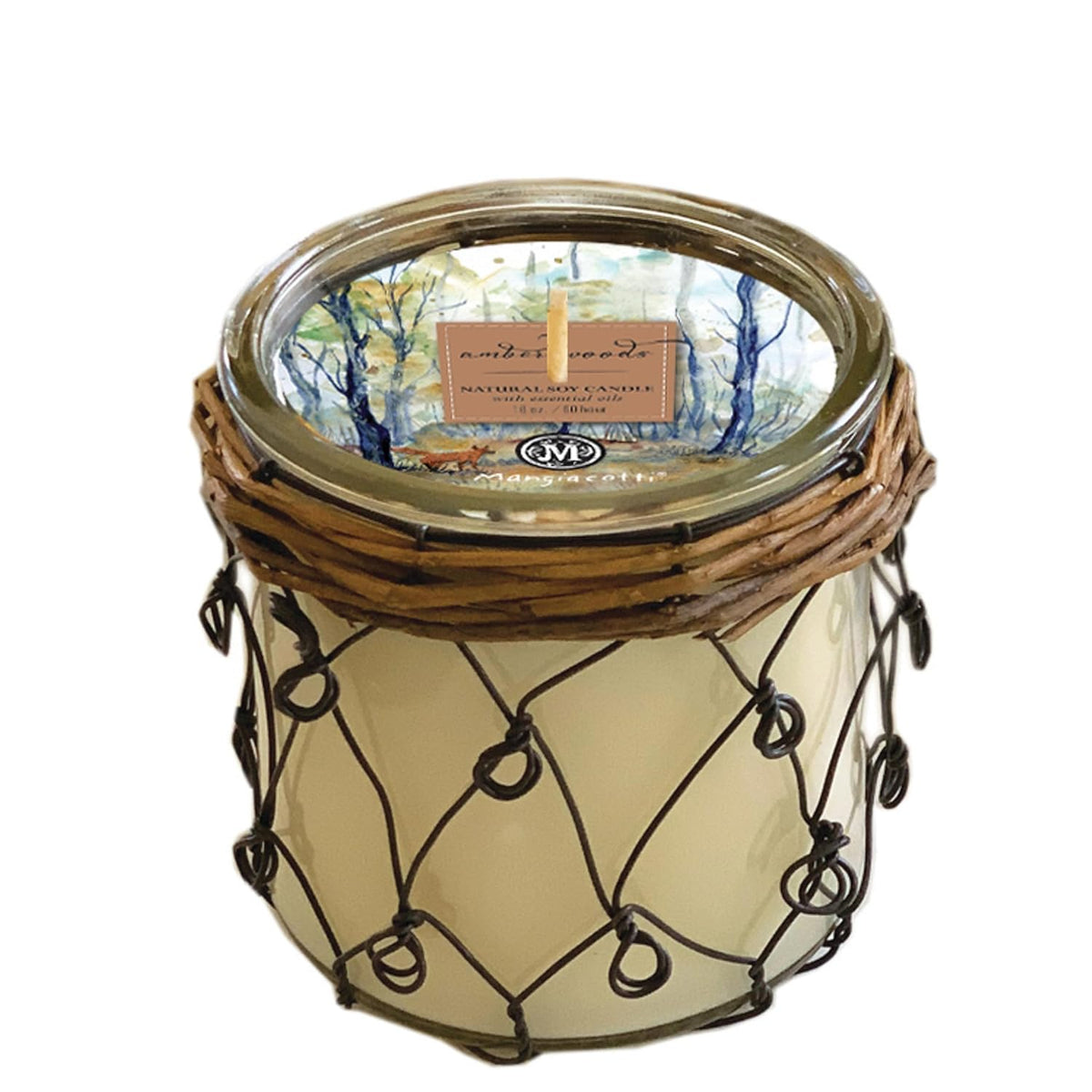 Amber Woods Hand Poured In A Wicker And Wire Glass Container Farmhouse Soy Candle