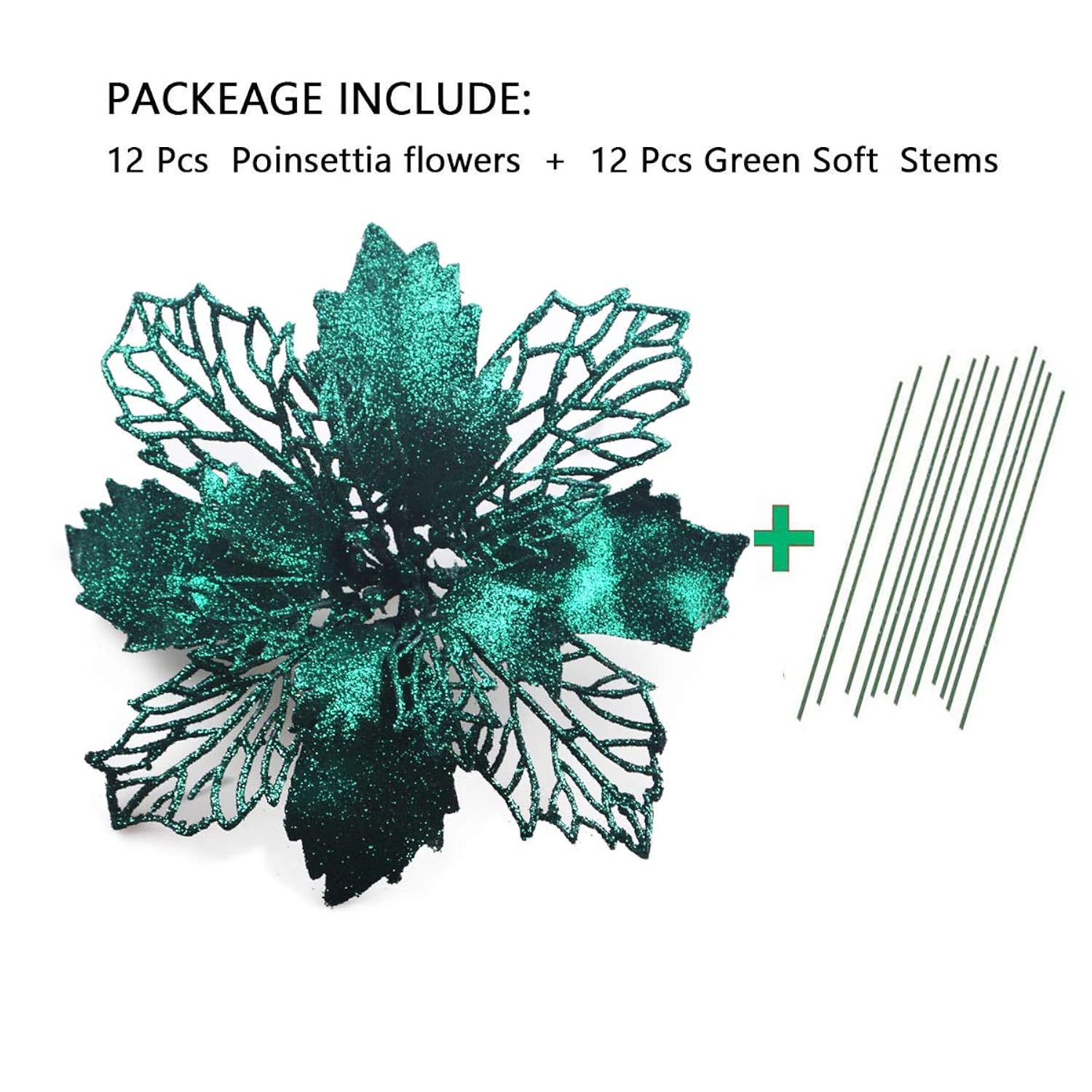 12 Pieces 6.3’’ Glitter Christmas Flowers Blackish Green Poinsettia Artificial Flower Christmas Tree Flowers Wreath Tree Ornaments With 12 Pcs Green Flower Stem