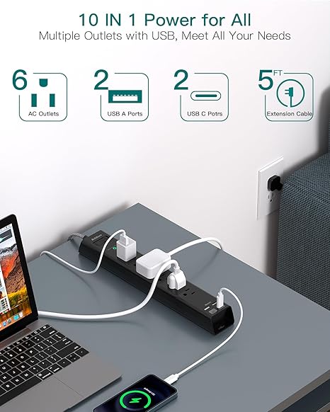 Surge Protector Power Strip 6 Outlets 4 USB Ports 2 USB C 5FT Flat Plug Extension Cord 900J