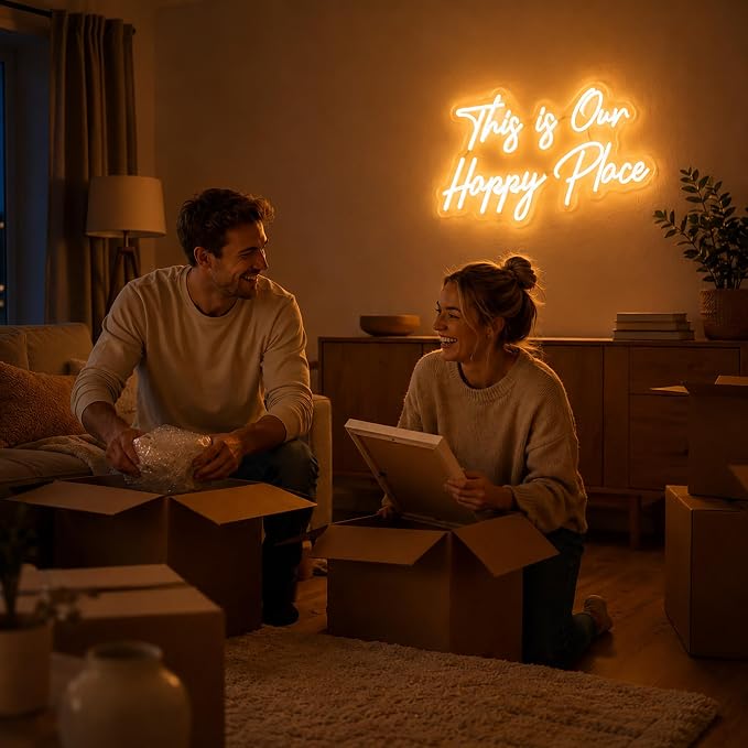 This Is Our Happy Place Neon Sign Warm White LED Wall Light USB Powered Home Decor for Bedroom Bar