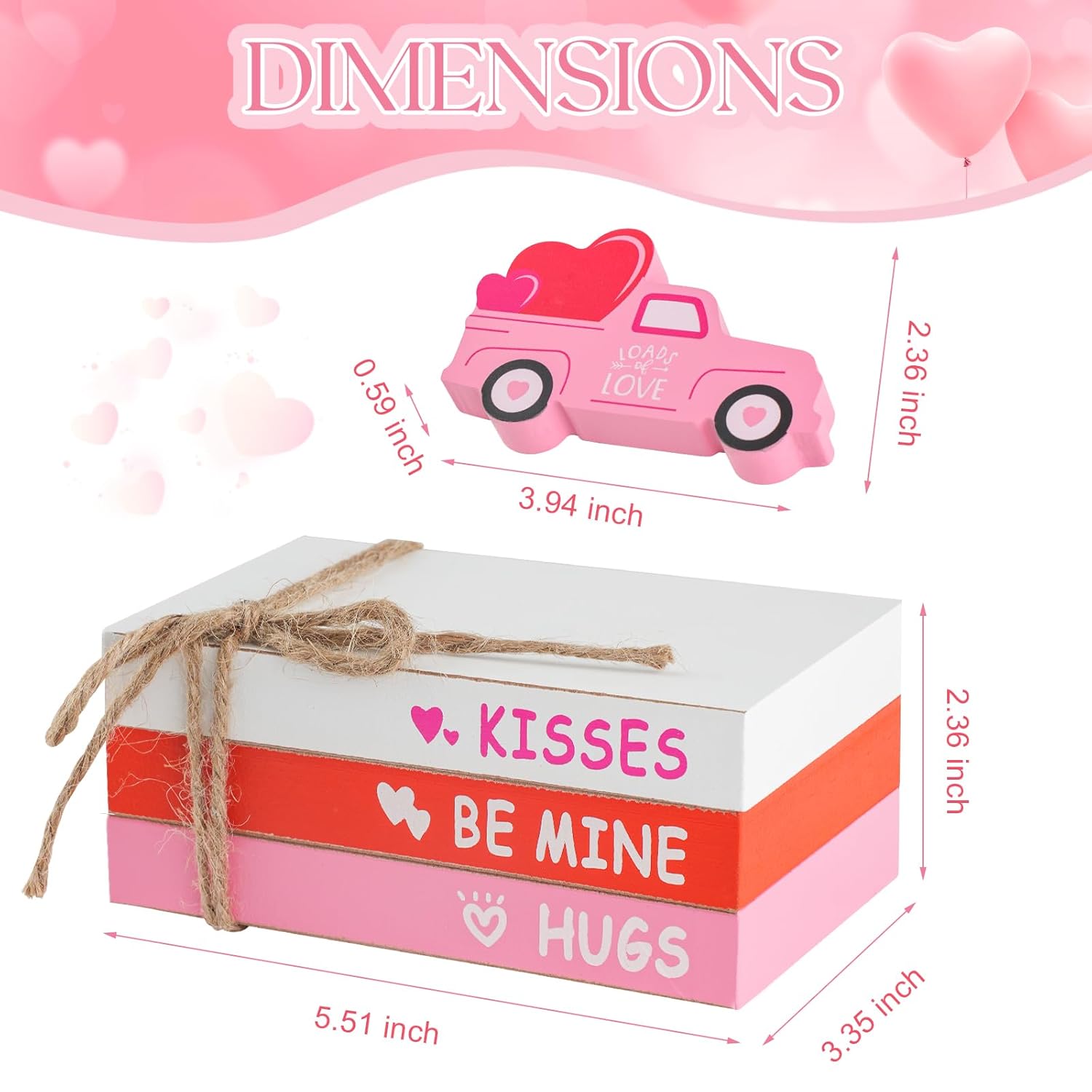 Valentines Day Decorations, Valentine'S Day Tiered Tray Table Shelf Decor For Home Office, Decorative Ornaments Set Wood Book Stack Valentine Truck Bundle
