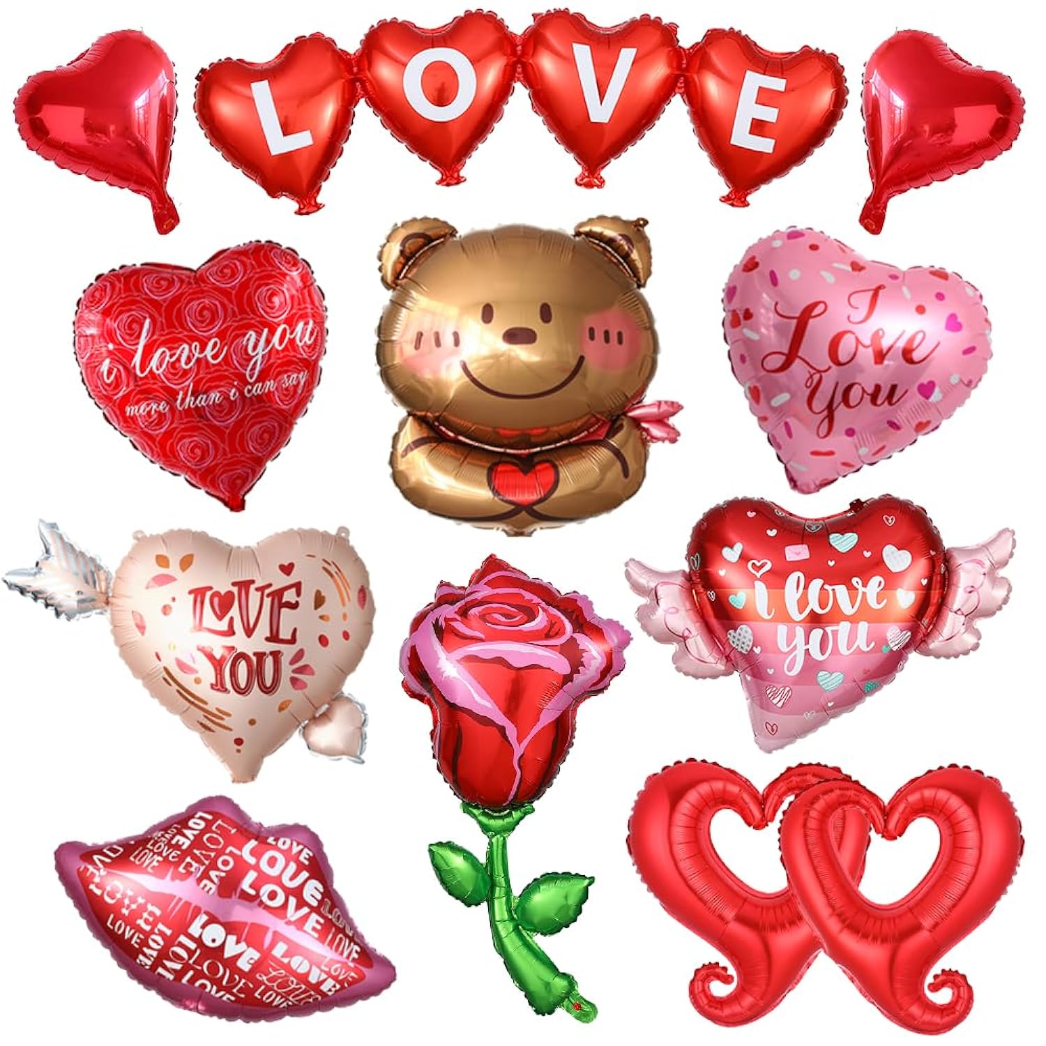 Valentines Day Decorations With Red Heart Balloons And Love Balloon, 13Pcs Rose Flower Bear Heart Foil Balloons For Wedding Anniversary Romantic I Love You Decorations