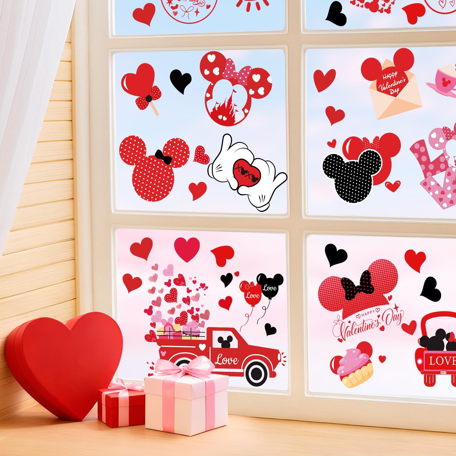 Valentine’S Day Window Clings, Cute Cartoon Mouse Pvc Glass Stickers, No-Glue Reusable High-Transparency Decals Valentine Door Stickers For Parties, Dates, Proposals, Bedrooms, Offices & Store Windows