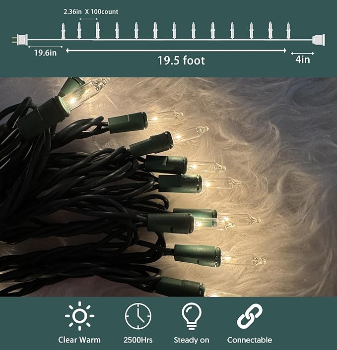 100 Count Clear Christmas String Lights 21FT Green Wire Plug In Indoor Outdoor Christmas Tree Lights UL Certified Warm White Decorative Lights for Wedding Holiday Valentine Decor