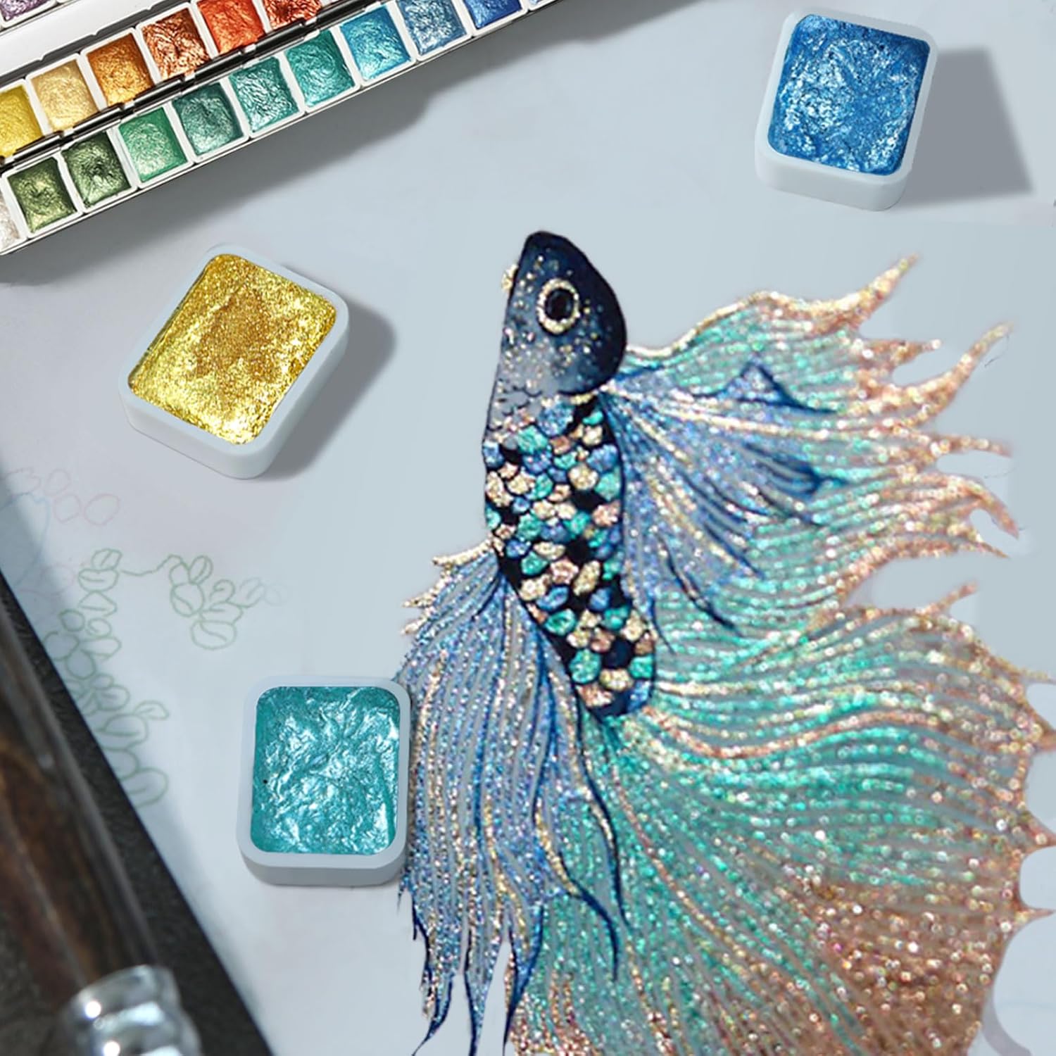 Metallic Watercolor Paints Set For Adult Artists, 24 Glitter Solid Watercolors 2Ml Half Pans Metal Case Sparkle Pearlescent Shiny Watercolour Painting Set