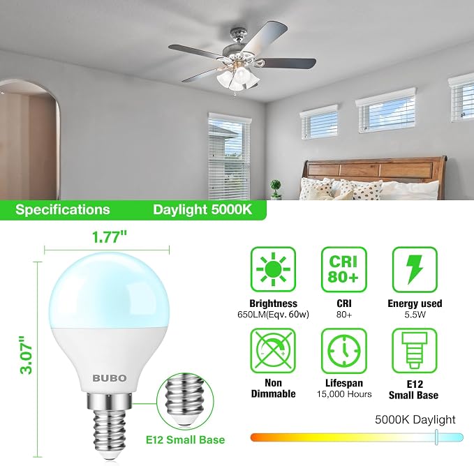 60W Equivalent LED Ceiling Fan Light Bulbs 10 Pack E12 Candelabra Small Base Daylight 5000K