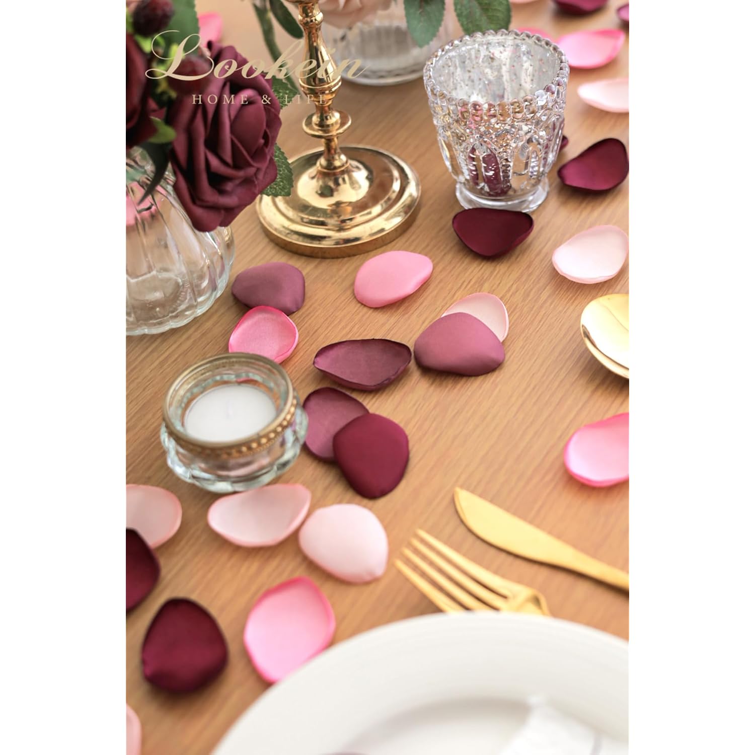 300Pcs Rose Petals Satin Flower Petals For Wedding Flower Girl Basket Table Centerpieces Aisle Runner Party Confetti Bridal Shower Dinner Wedding Decoration, Elegant Burgundy