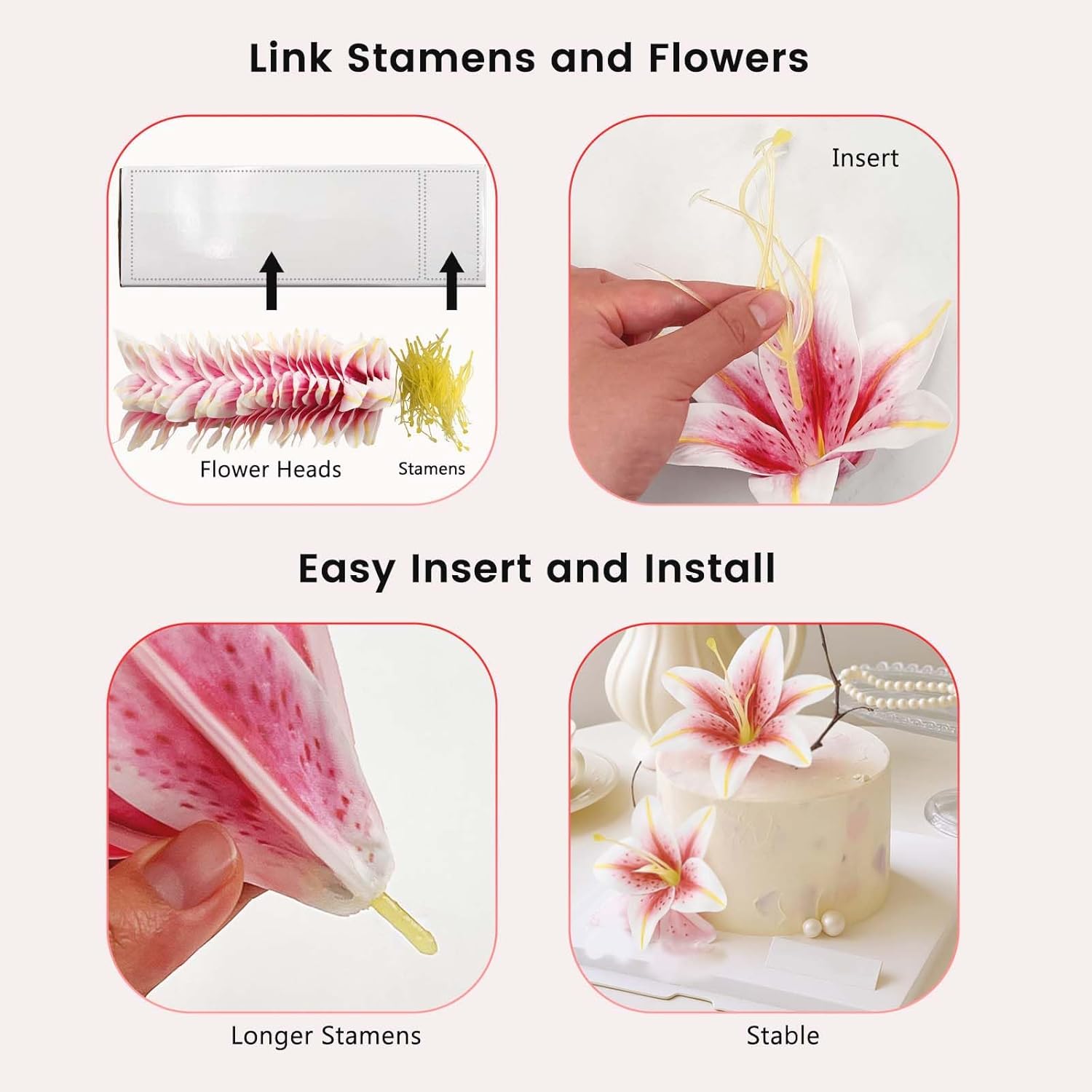 24Pcs 5.5" Large Fake Lilies Flower Heads With Realistic Stamens,24Pcs Pink Artificial Flower Heads, Bulk Silk Flowers For Crafts, Cake Decorating, Wedding Party Wreath, Home Decor