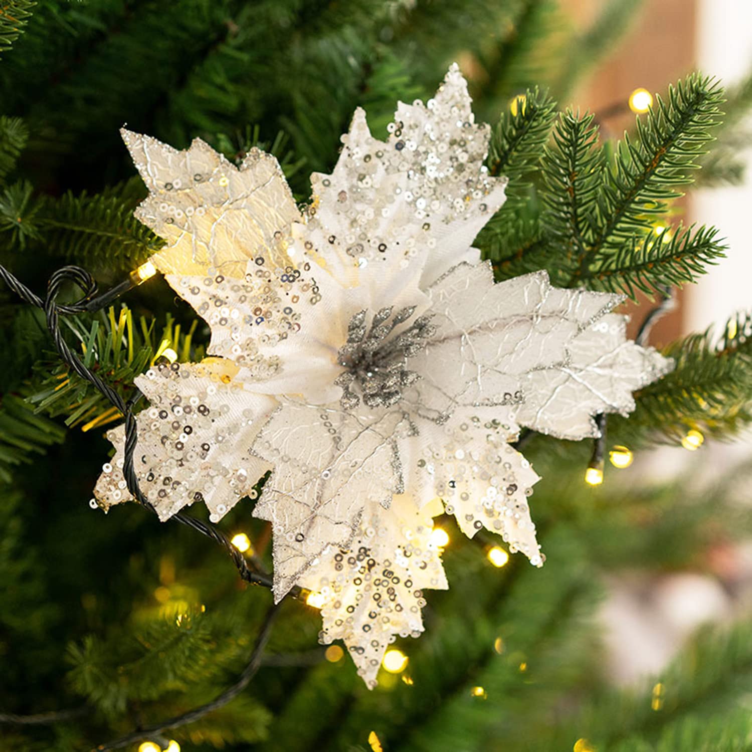 6 Pcs Christmas Poinsettia Ornaments Picks, Artificial Silk Flower For Christmas Tree Wreath Decoration, 7.8 Inch (Silver)
