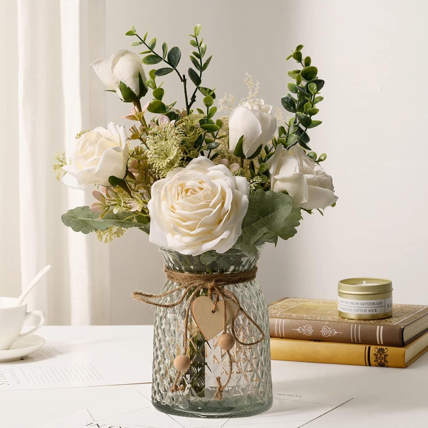 Fake Flowers With Vase, Silk Roses Artificial Flowers In Vase, Faux Flower Plant Arrangement Suitable For Home Office Decoration, Dining Table Centerpiece(White)