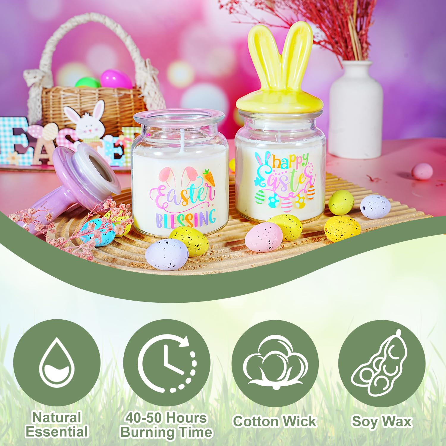 Easter Basket Essentials Stuffers For Adult Teens, 16Oz Bunny Scented Candles Easter Gifts For Women With 40 Hours Burning Time Holiday Gifts For Teen Girls