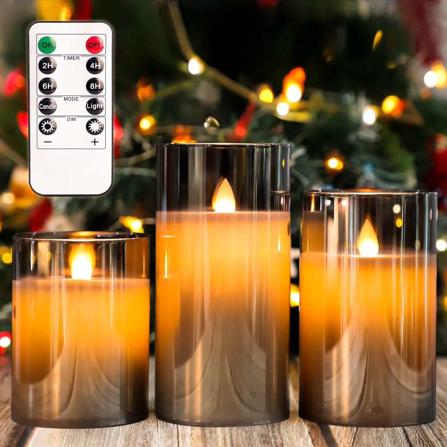 Gray Glass Flameless Candles, Realistic Flickering Led Candles With Remote Control And Timer, Battery Operated Pillar Candle For Party Wedding Christmas Decor, Set Of 3