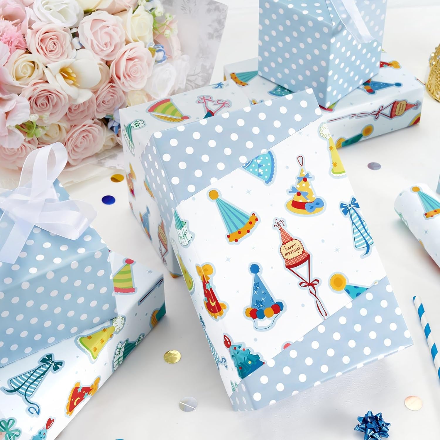 Birthday Hat Wrapping Paper Roll - 1 Roll 17”X 33 Ft Baby Shower Wrapping Paper Happy Birthday Baby Blue Gift Packaging Supply For Kids Party Decor Favor, Reversible