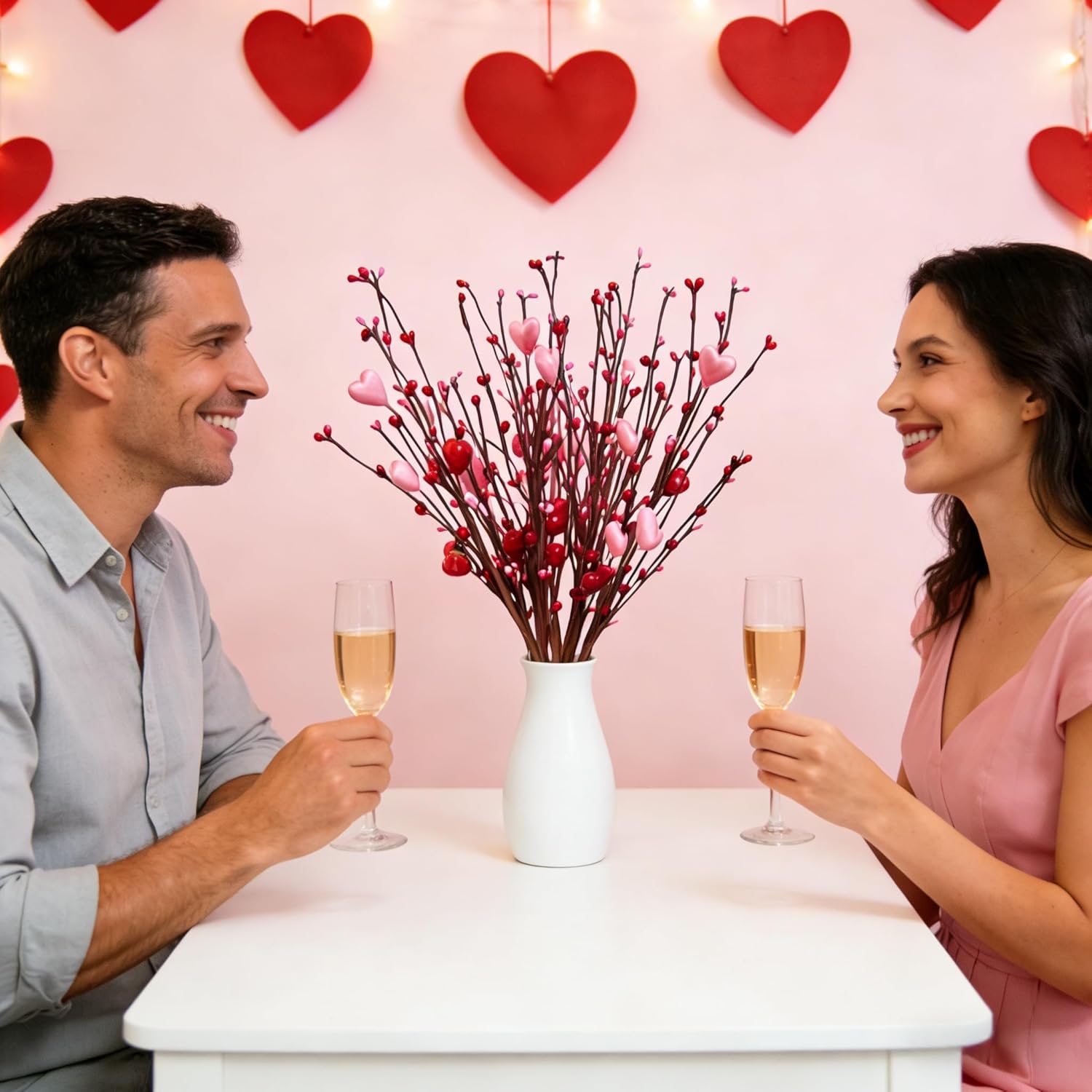 Valentine'S Day Decoration 6 Pcs 17-Inch Valentine'S Day Picks With Artificial Pink Red Heart Berry Branches For Wedding Anniversary Party And Table Centerpieces