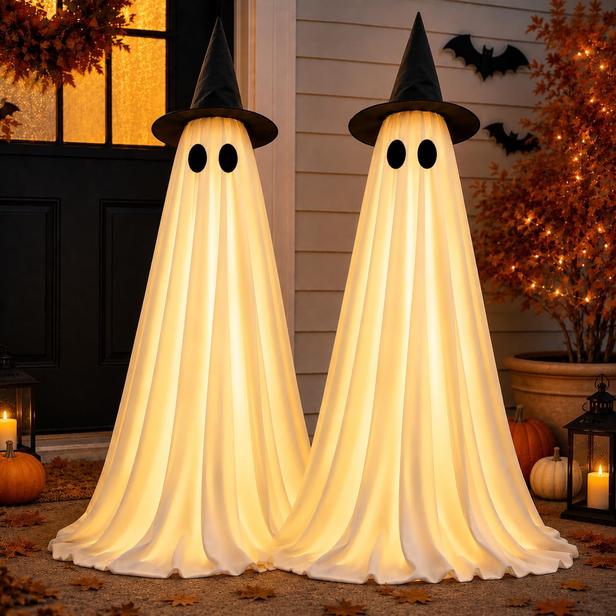 2 Pack Lighted Halloween Ghost Decorations Indoor Outdoor, Up to 55" Freestanding Glowing Ghosts with Witch Hats, 8 Modes & Auto-Timer Spooky Light Up Stand Decor for Front Porch Yard Room