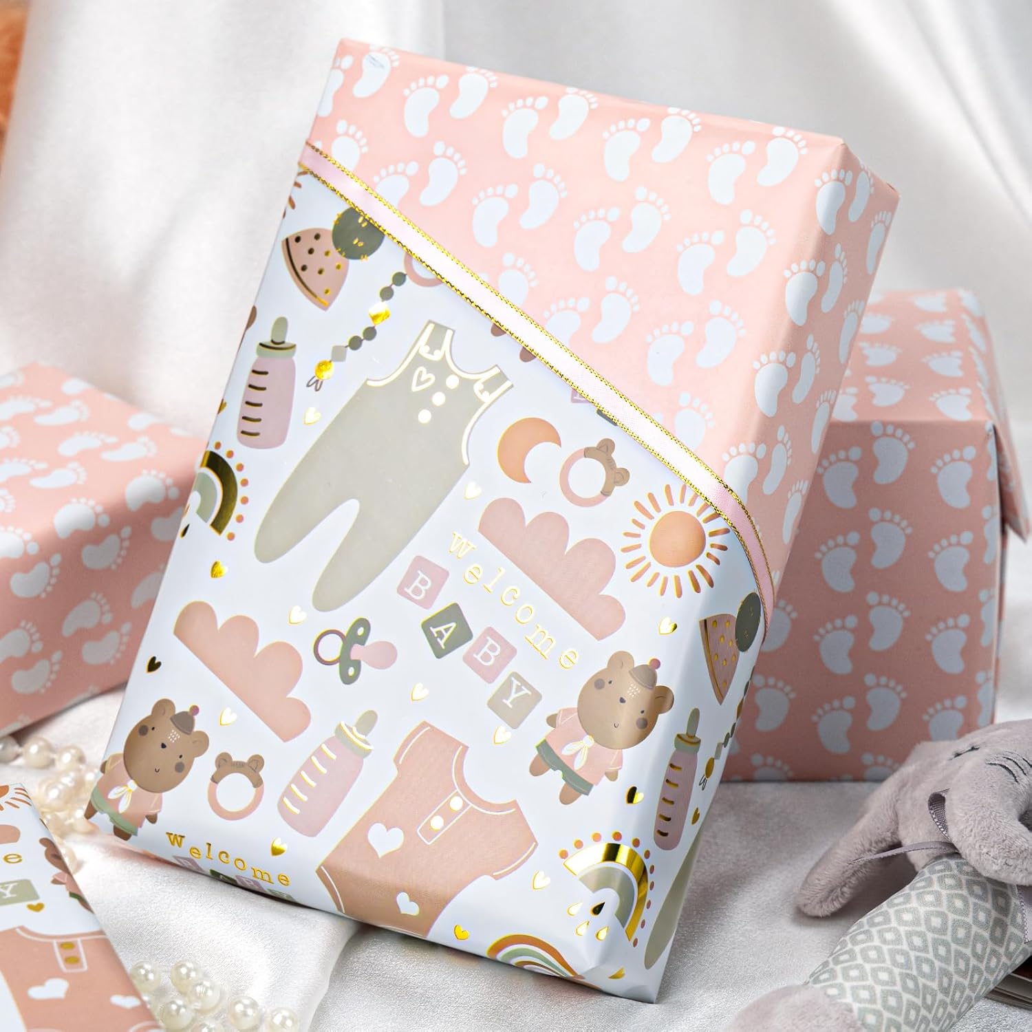 Reversible Baby Shower Wrapping Paper Roll, Gender Neutral Baby Wrapping Paper, Metallic Foil Newborn Clothes, Bottle And Rainbow Gift Wrap For Boys Or Girls, 1St Birthday(17 In X 33 Ft)