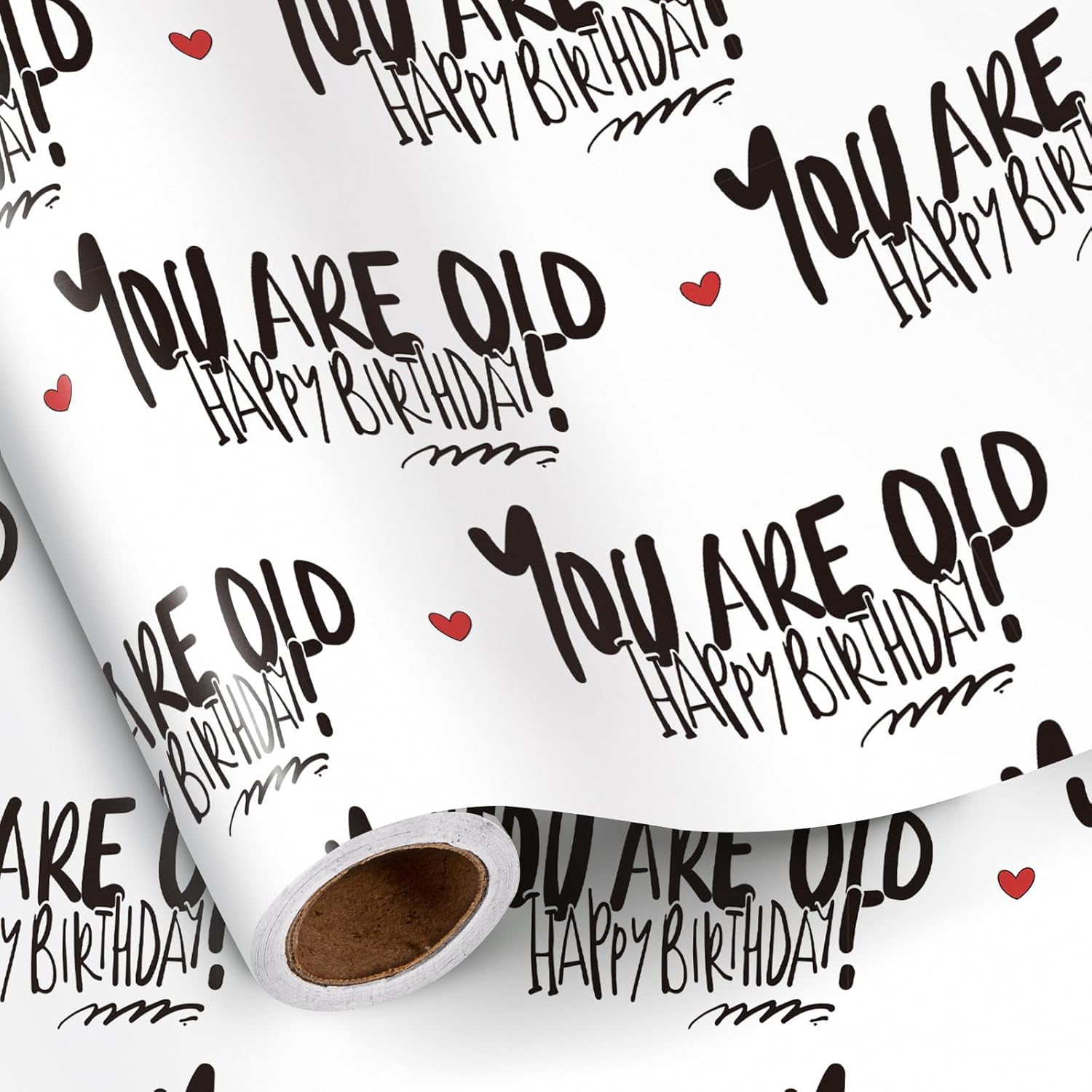 Funny Birthday Wrapping Paper Roll For Women Men, Mini Roll, You Are Old-Happy Birthday! Text With Red Hearts Gift Wrap Paper For Fun Celebrations, 17 Inches X 16.4 Feet
