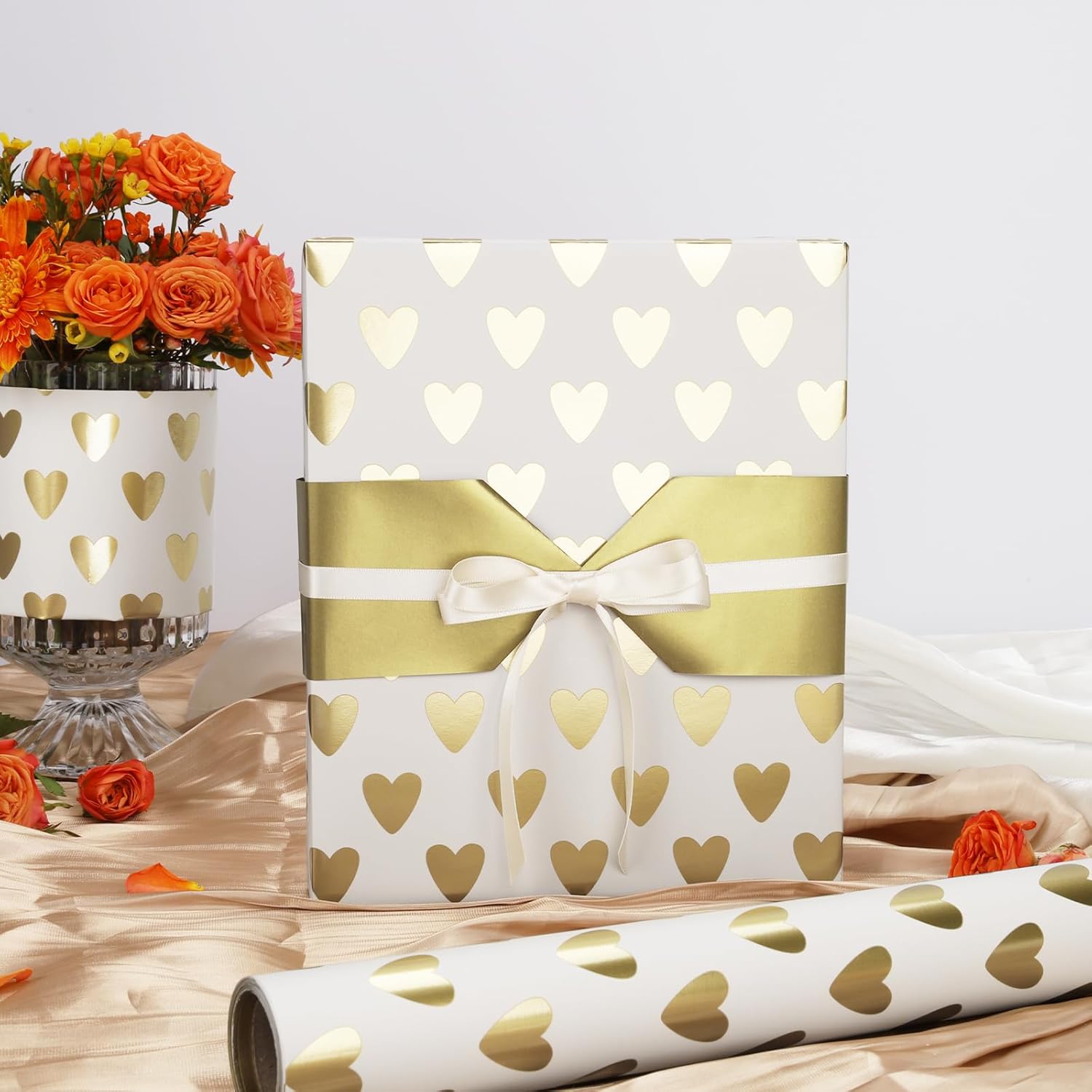 Reversible Valentines Wrapping Paper, Gift Wrapping Paper With Gold Heart On White Design, Perfect For Wedding, Birthday, Bridal Shower, Anniversaries, 17 Inch × 33 Feet