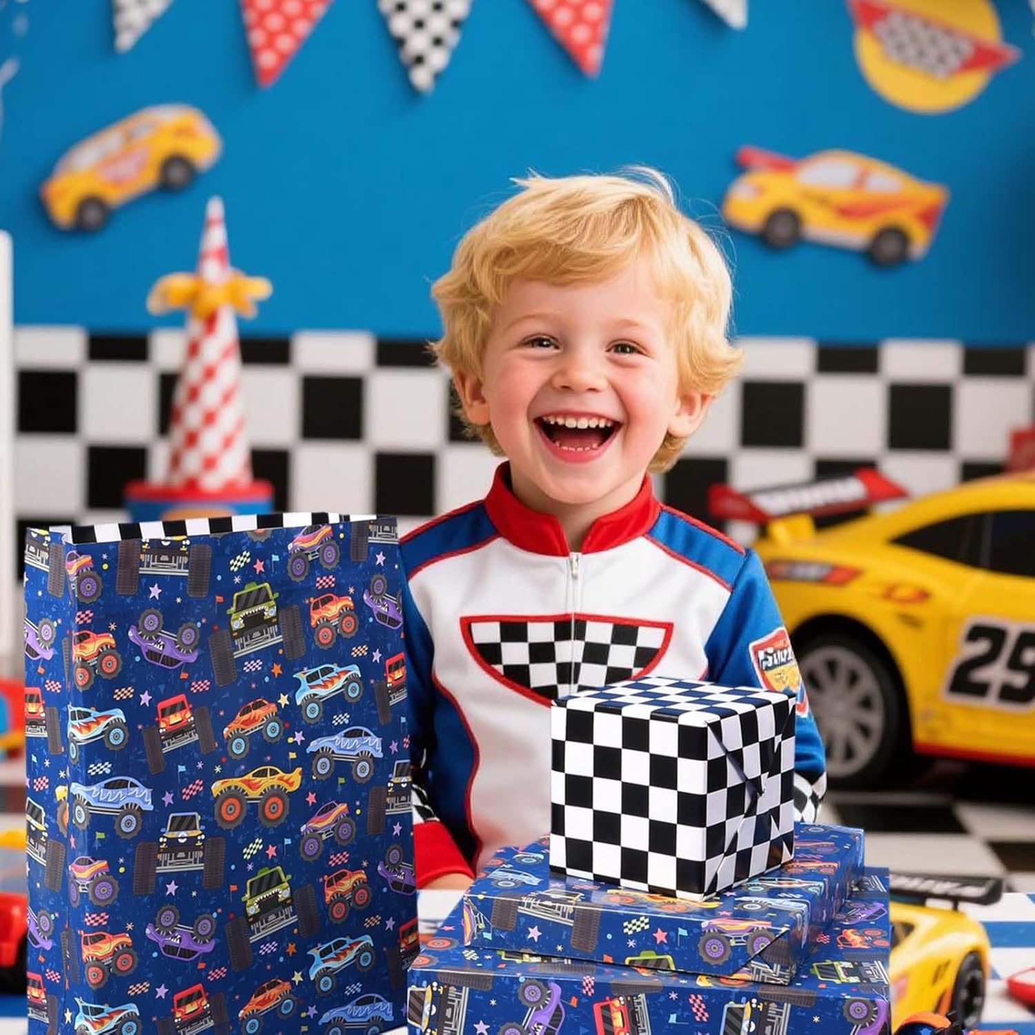 Monster Truck Reversible Wrapping Paper Mini Roll, Checkered Flag Design, Perfect For Kids And Boys Birthdays, 17" X 33'(46.7 Sq. Ft)
