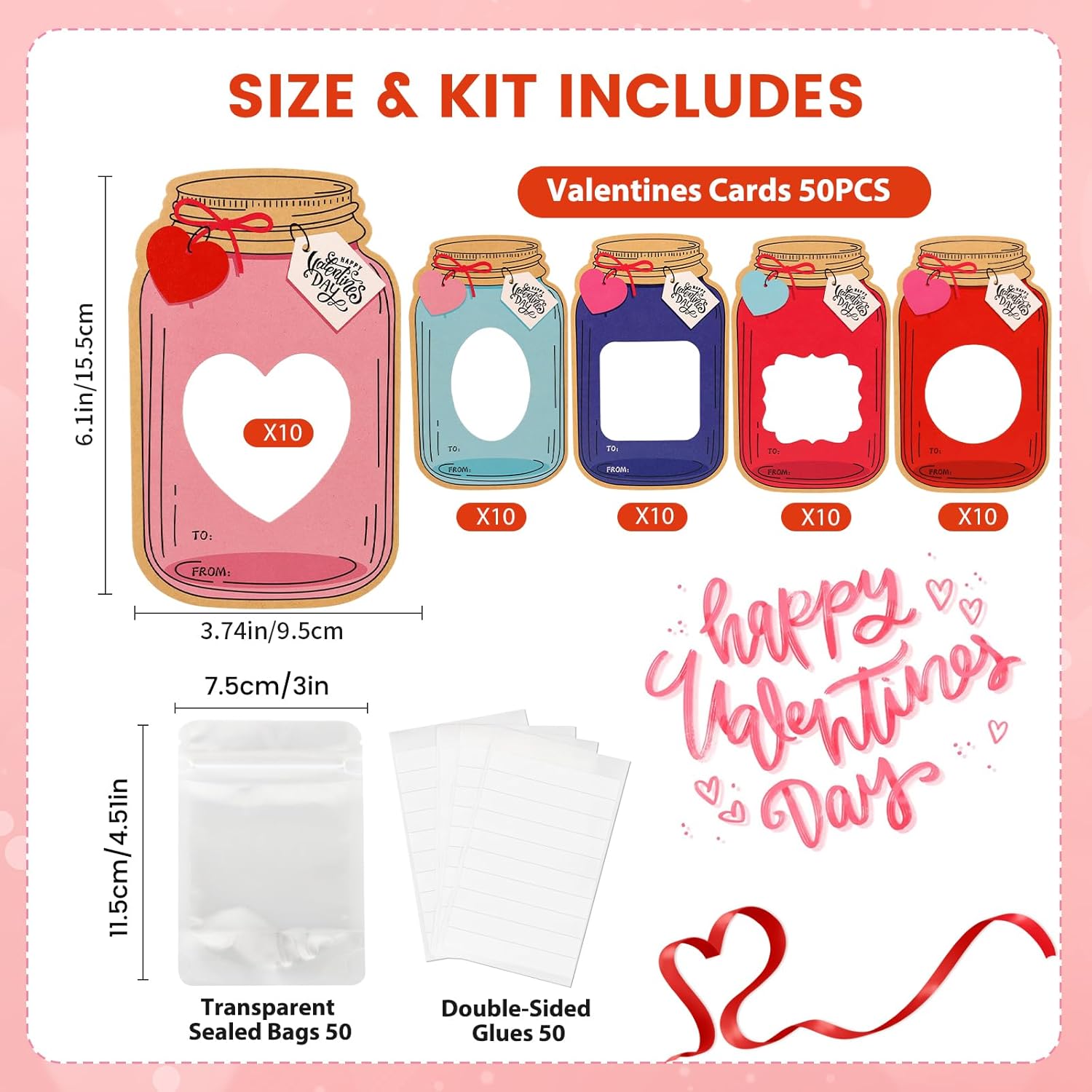 50 Pack Mason Jar Valentine Cards For Kids Classroom, 5 Color Designs Diy Valentines Day Cards With Treat Bags, Candy Valentines For School Exchange Party Favors (Candy Not Included)