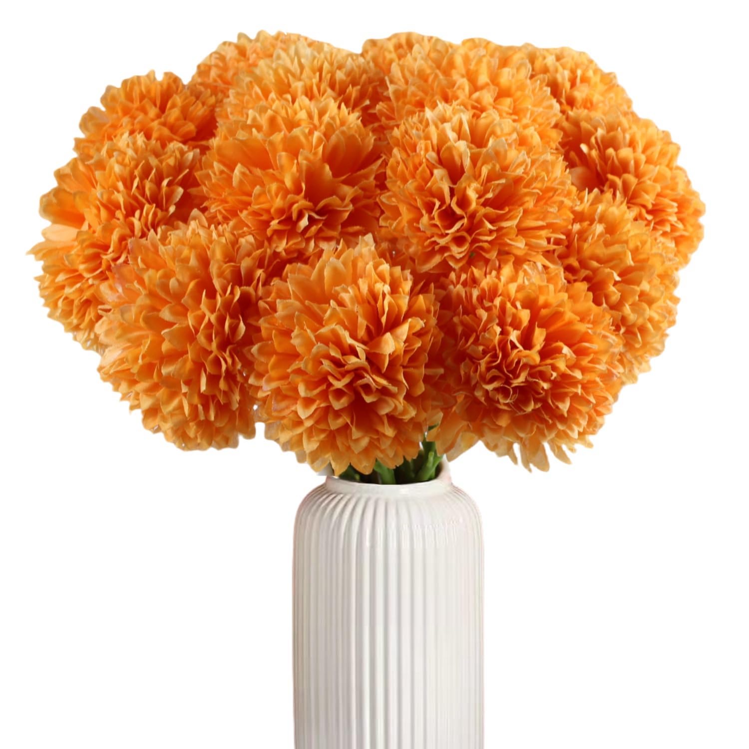 Artificial Flowers Silk Faux Ball Chrysanthemum, 12Pcs Fall Flowers Artificial Orange Flowers Faux Mums Bouquet For Autumn Home Decor, Fall Floral Arrangements, Thanksgiving Centerpiece (12, Orange)