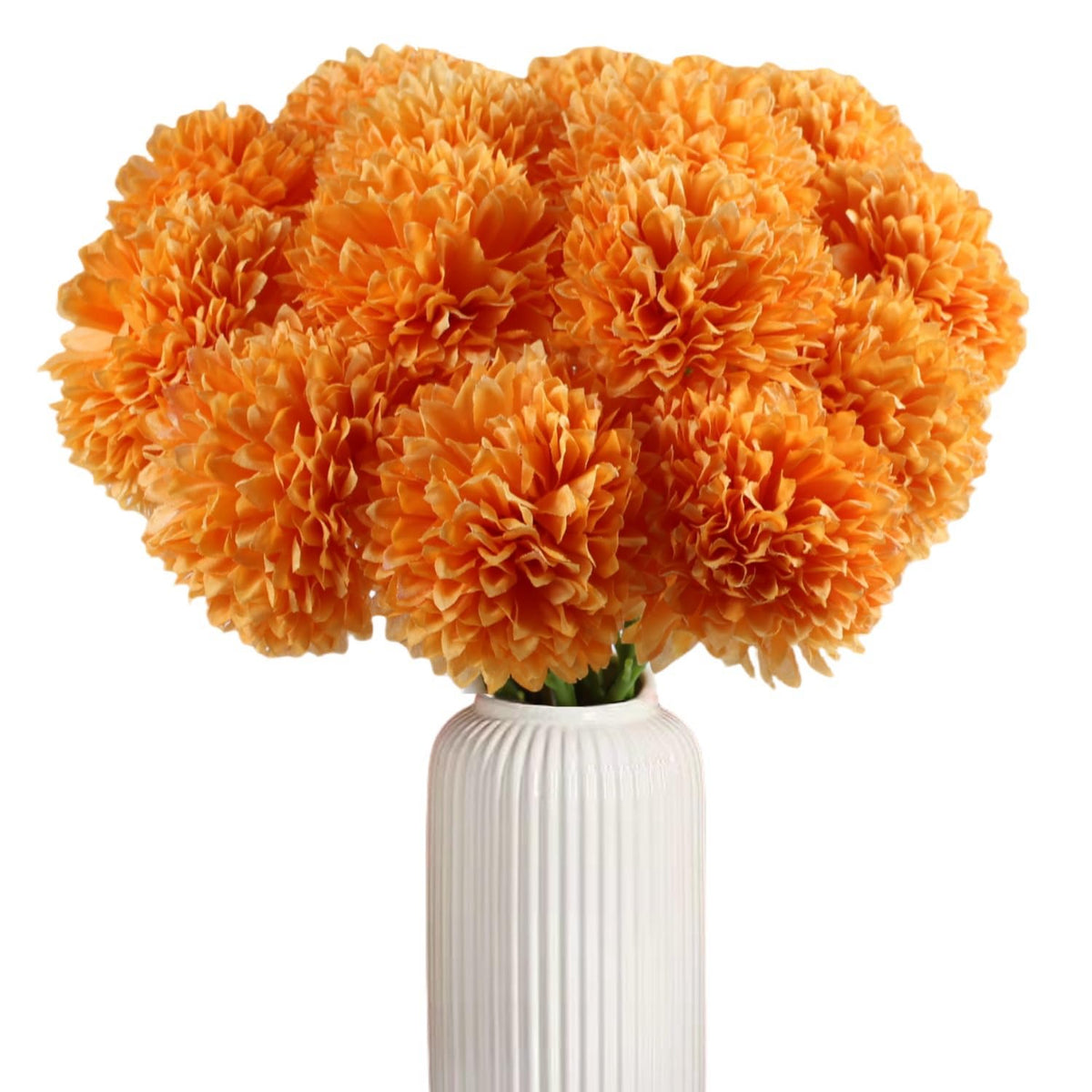 Artificial Flowers Silk Faux Ball Chrysanthemum, 12Pcs Fall Flowers Artificial Orange Flowers Faux Mums Bouquet For Autumn Home Decor, Fall Floral Arrangements, Thanksgiving Centerpiece (12, Orange)