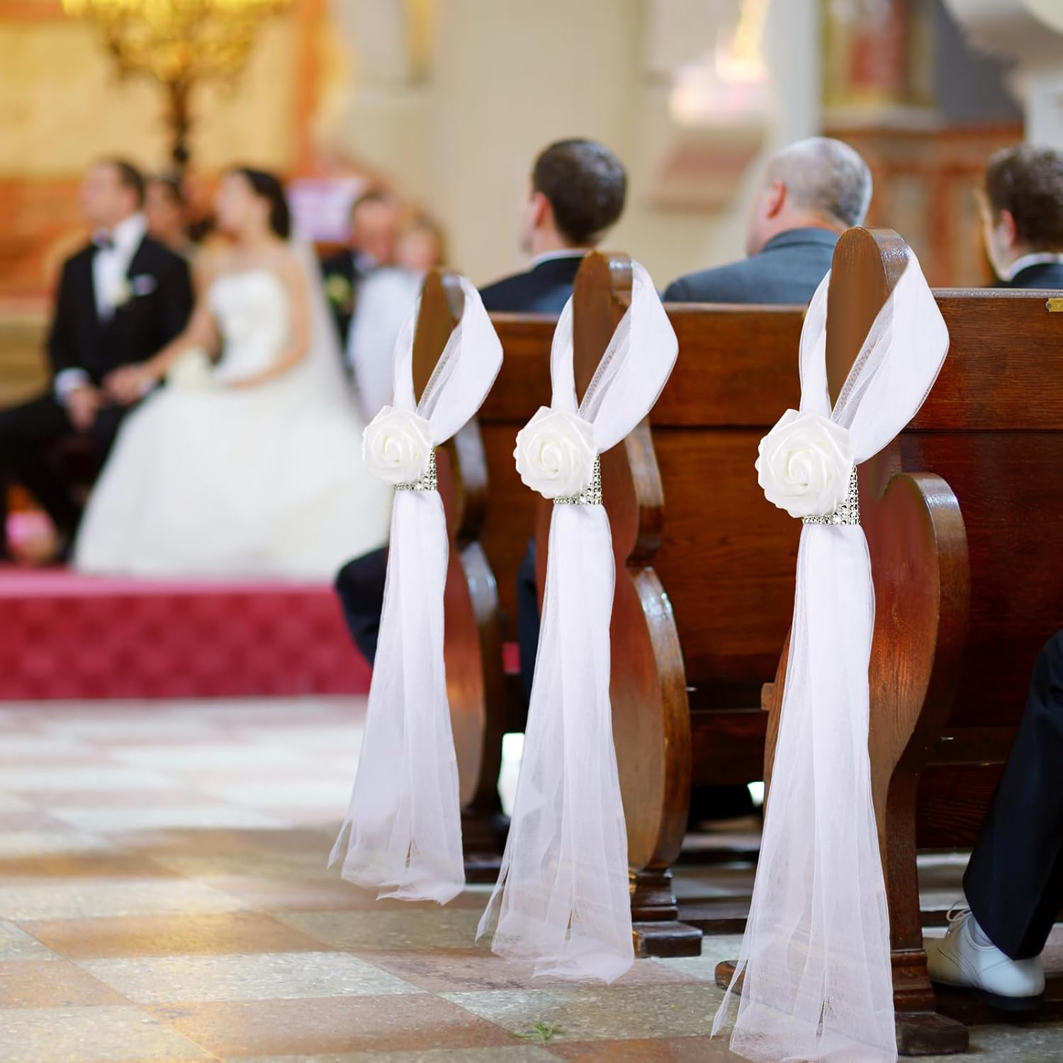 Wedding Aisle Decorations For Ceremony Set Of 24,Wedding Chair Pew Flowers Church Decorations With Artificial White Roses Flowers Rhinestone For Weddings Party Bench Pew Aisle Decor