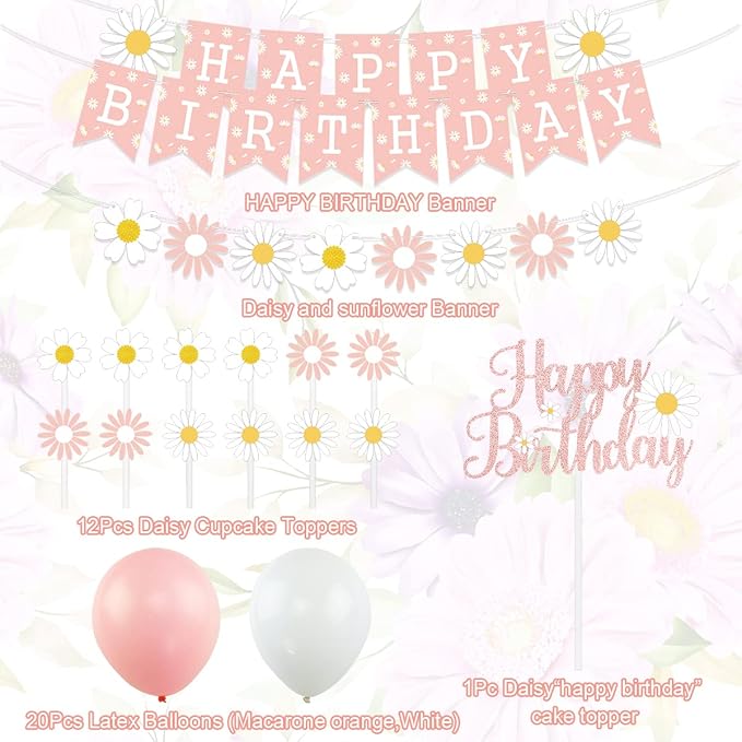Daisy Flower Birthday Party Decorations, Daisy Happy Birthday Banner Daisy Flower Birthday Cake Cupcake Toppers For Hippie Themed Daisy Party Girl Baby Shower Birthday Boho Daisy Birthday Supplies