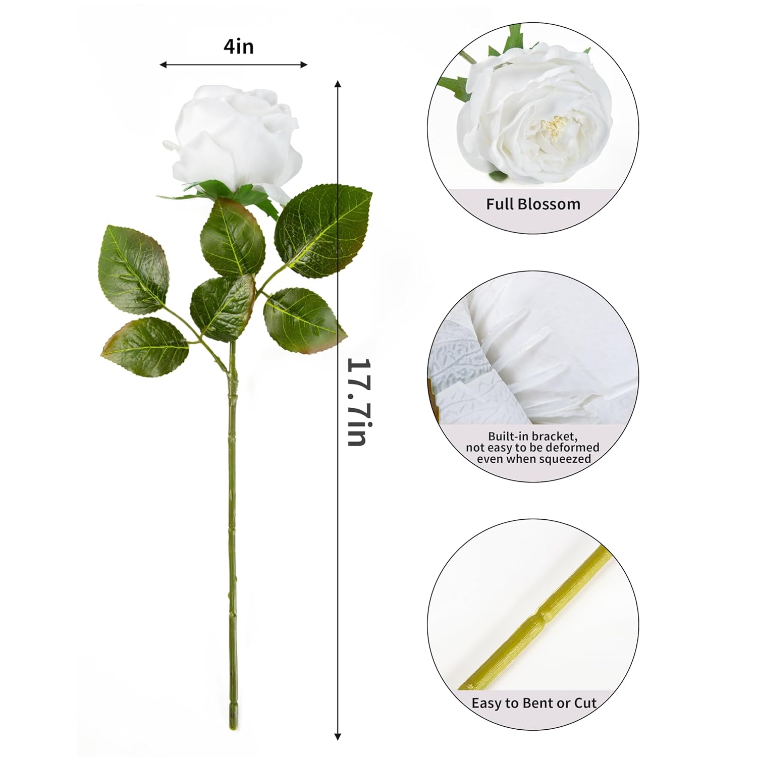 5Pcs Silk Roses Fake White Roses With Stems Real Touch Rose Artificial Flowers For Arrangement Wedding Party Home Decoration(White)