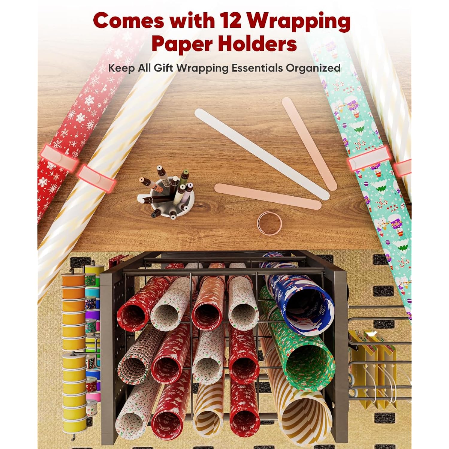 Wrapping Paper Organizer Storage With Wheels, Gift Wrap Storage Station With Ribbon And Gift Bag Storage, Rolling Craft Storage Cart With 12Pcs Slap Bands, Christmas Decor, Black