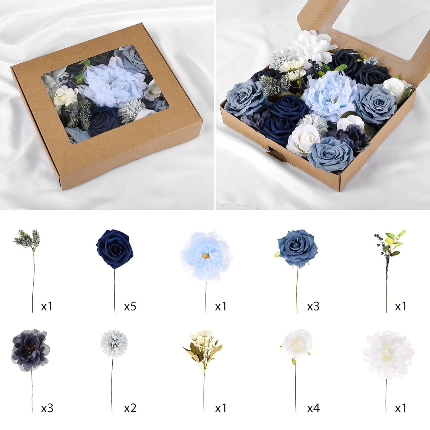 Dusty Blue Artificial Flowers Combo Box Set,Fake Silk Flowers Arrangement Bouquets With Stem Leaf For Diy Wedding Flower Centerpiece Wedding Centerpieces, Blue And White