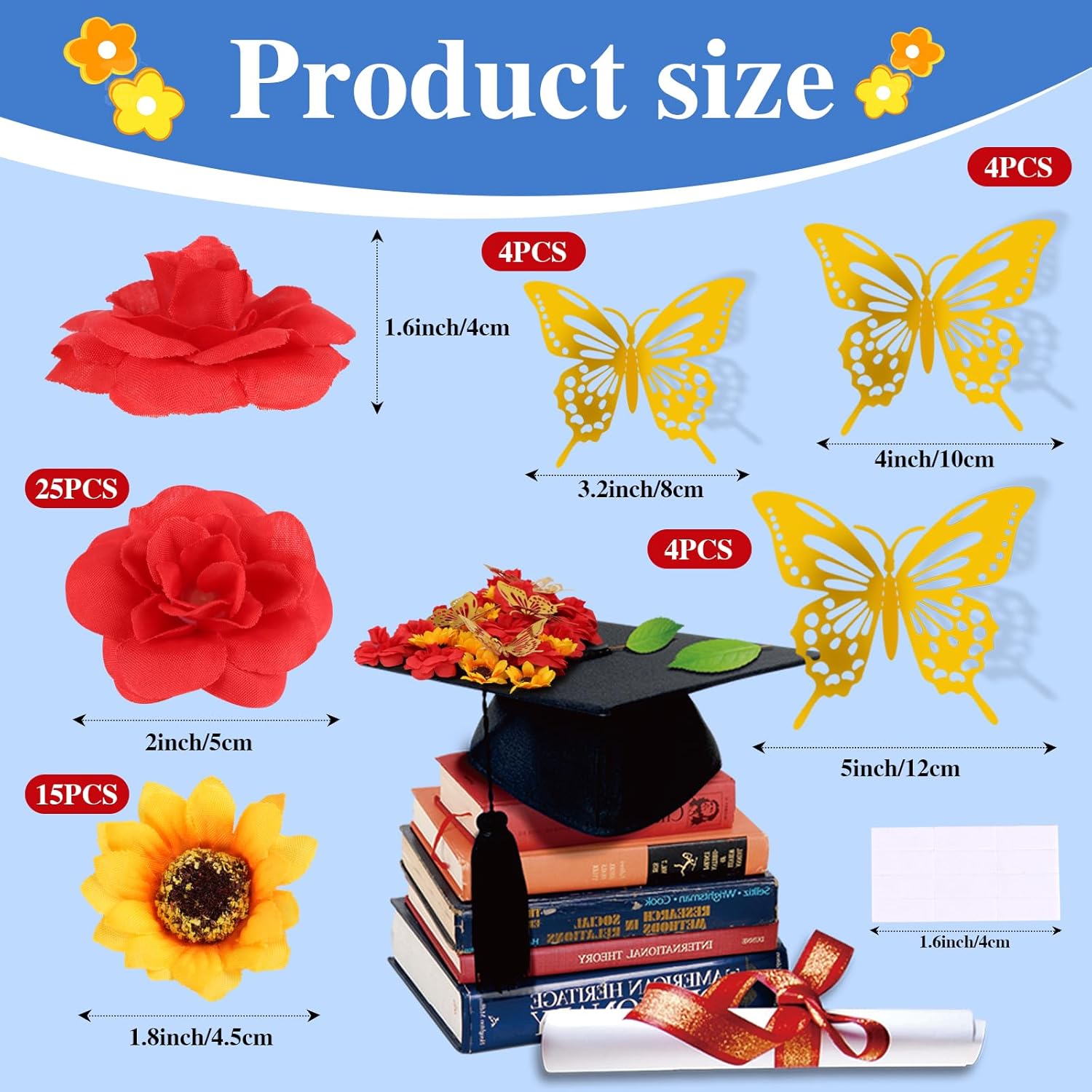 Graduation Cap Decoration Accessories,Faux Rose Sunflower 3D Butterfly Grad Hat Decor For 2025 Graduation Cap Topper Decoration Supply
