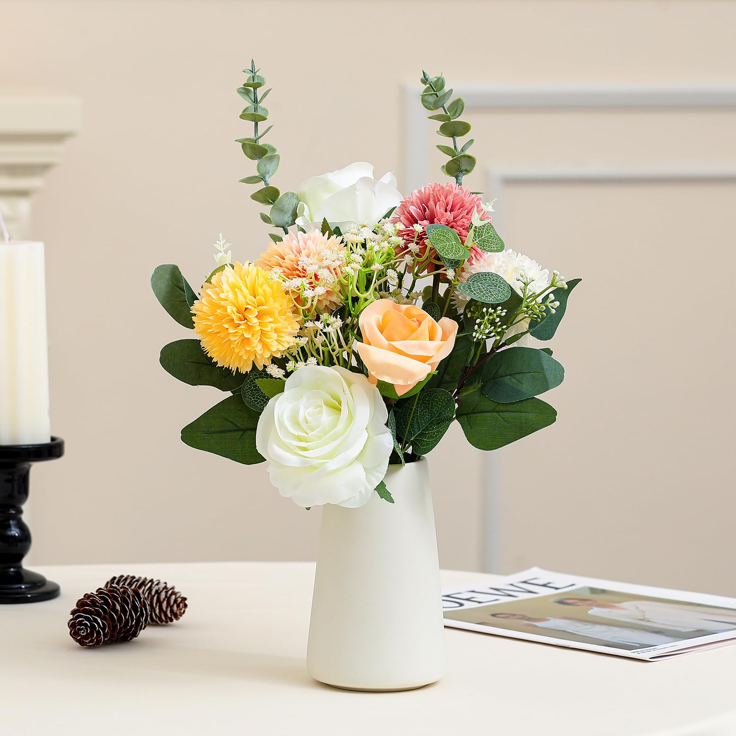 Fake Flowers In Ceramic Vase, Artificial Flowers Indoor With White Vase For Dining Table Décor, Faux Eucalyptus Flowers Arrangements For Bedroom Home Office Plants Floral Decor?Red Brown?