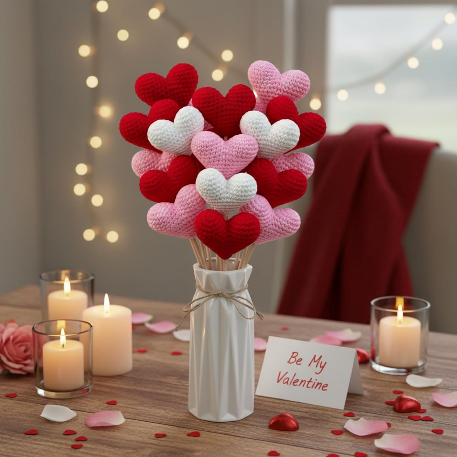 12 Pcs Valentines Heart Picks Crochet Valentines Day Tree Picks Valentine Bouquet Heart Artificial Flower Handmade Knitted Flowers Hearts Decorations For Mother'S Day Galentines Birthday