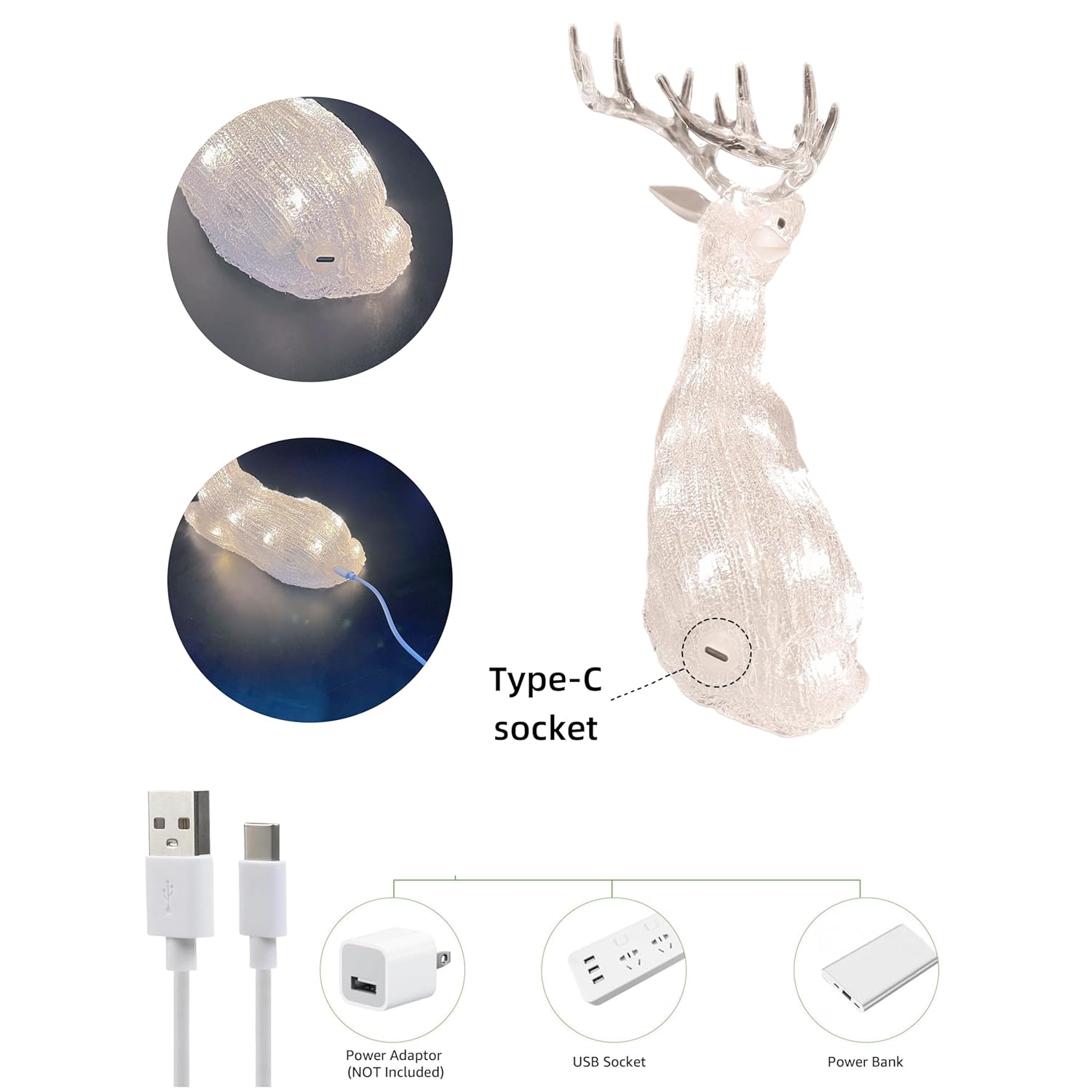 Ykl-1016, 21.5Cm With Acrylic Figure Light Up Reindeer Lighting, 20 Warm White Leds, 6H Timer Dual Power Supply Usb Or B
