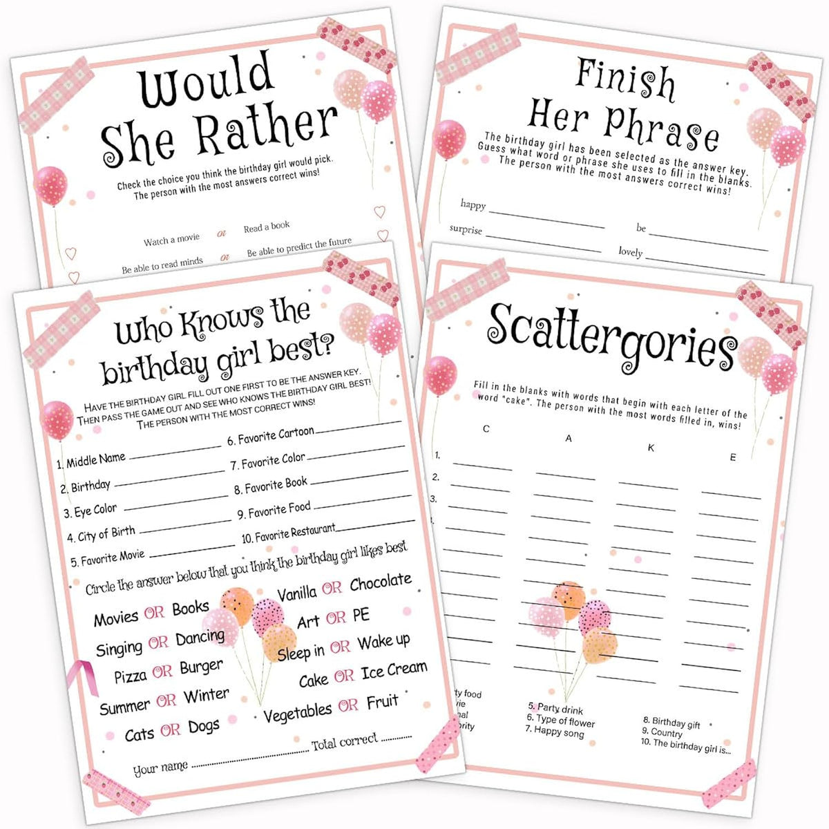 Birthday Party Games Set For Girls, Funny Girls Party Game, Girl Birthday‘S Supplies, Activity, Decorations, Includes Who Knows The Birthday Girl Best, Scattergories, 20 Double Sided Games Cards