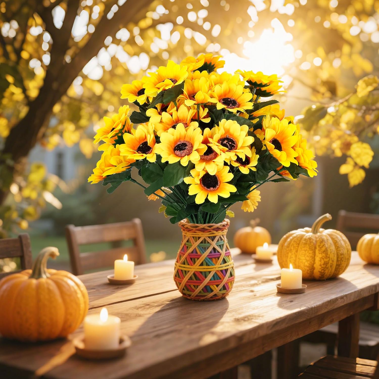 16 Bundles Sunflower Artificial Flowers For Outdoors, Indoor Yellow Fake Floral With Ground Spike For Door Yard Porch Patio Garden Window Box Office Table Kitchen Planter Pot Vase Flowerpot (A)