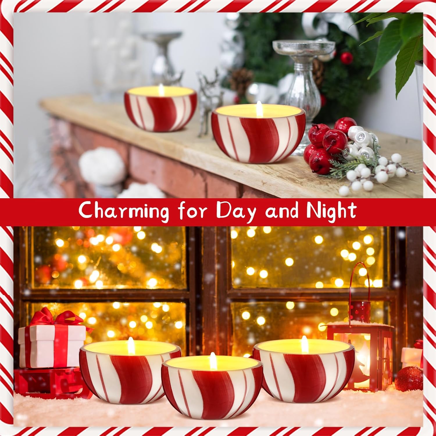 4 Pcs Christmas Candy Cane Stripe Candles 3.5" Unscented Red And White Stripe Christmas Candle With Ceramic Jar Xmas Table Decorations For Winter Home Party Supplies Gift, Burning 10-13 Hour