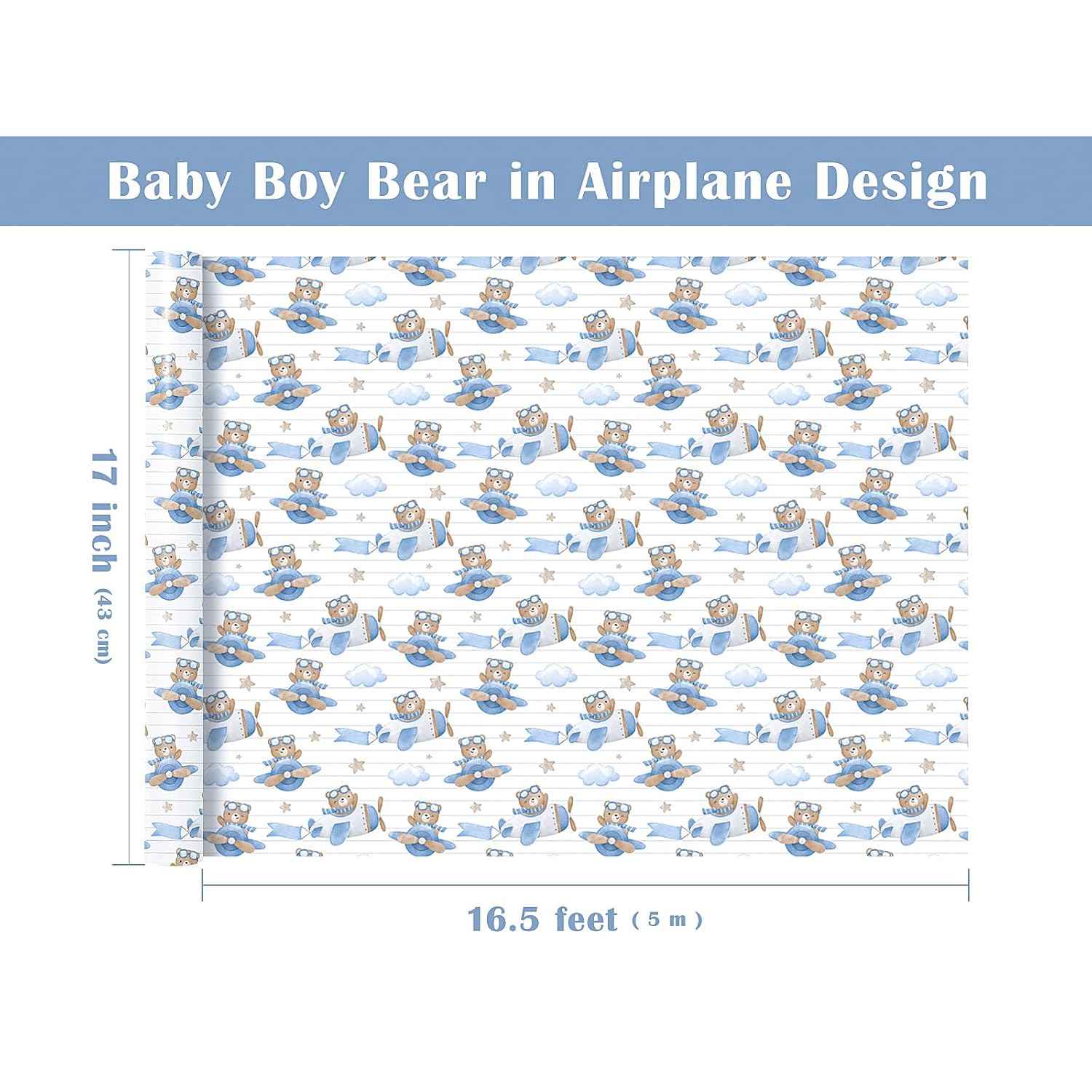 Bear Baby Shower Wrapping Paper Roll - Mini Roll - 17 Inch X 16.5 Feet - Airplane Teddy Bear Baby Boy Wrapping Paper, Perfect For Kids Boys Birthday, Newborn Gift Wrap