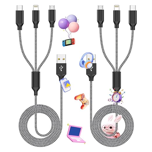 2 Pack 3 in 1 Multi Charging Cable 4FT Nylon Braided Universal Charger Cord for iPhone 16 15 Samsung Android iPad