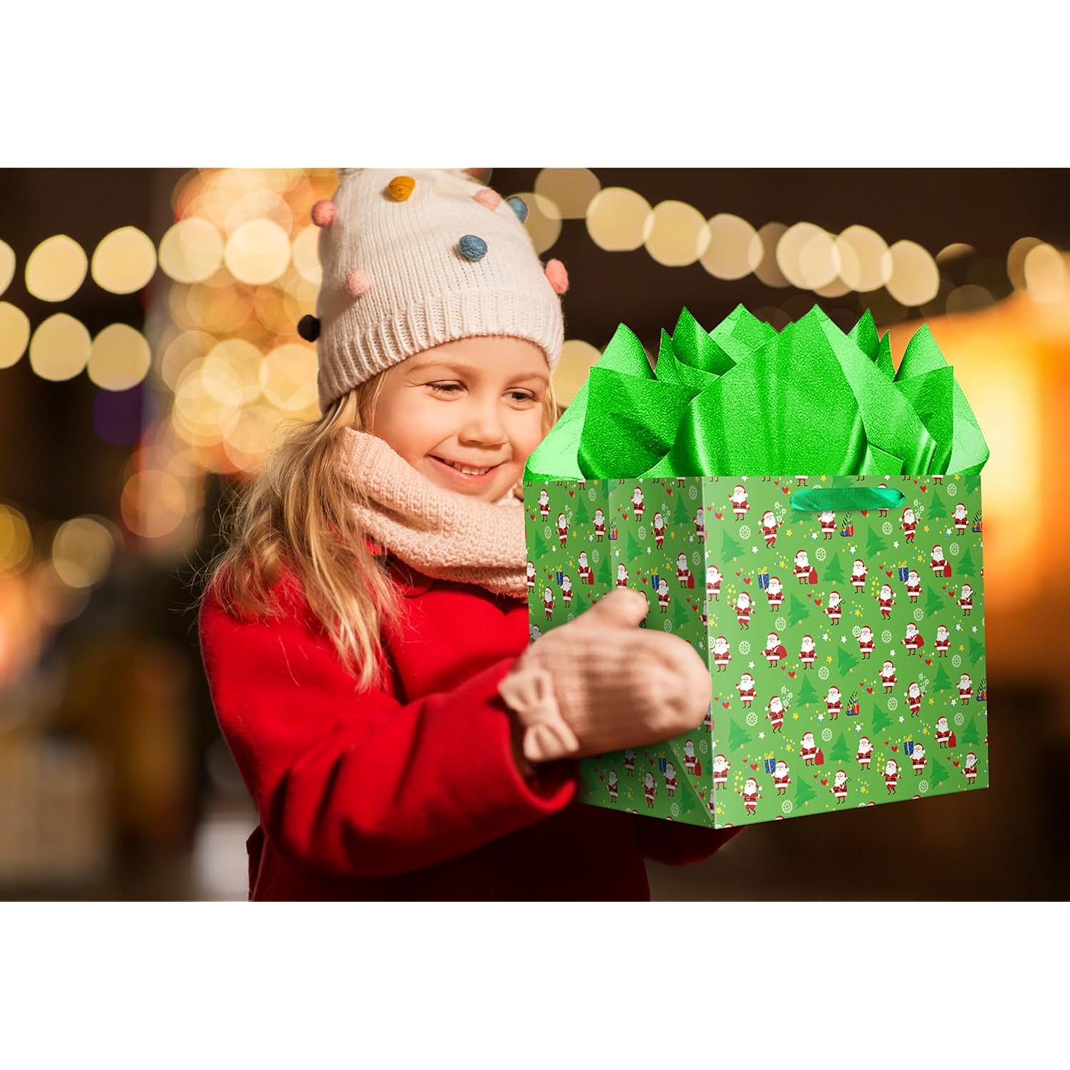 Extra Large Christmas Gift Bag With Tissue Paper, 11.8" Square Green Christmas Santa Claus Design Paper Bags With Handles For Xmas Holiday Presents Wrapping.
