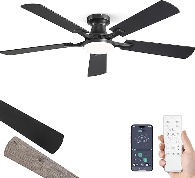 52 Inch Black Ceiling Fan with Light App & Remote Control Dimmable Flush Mount