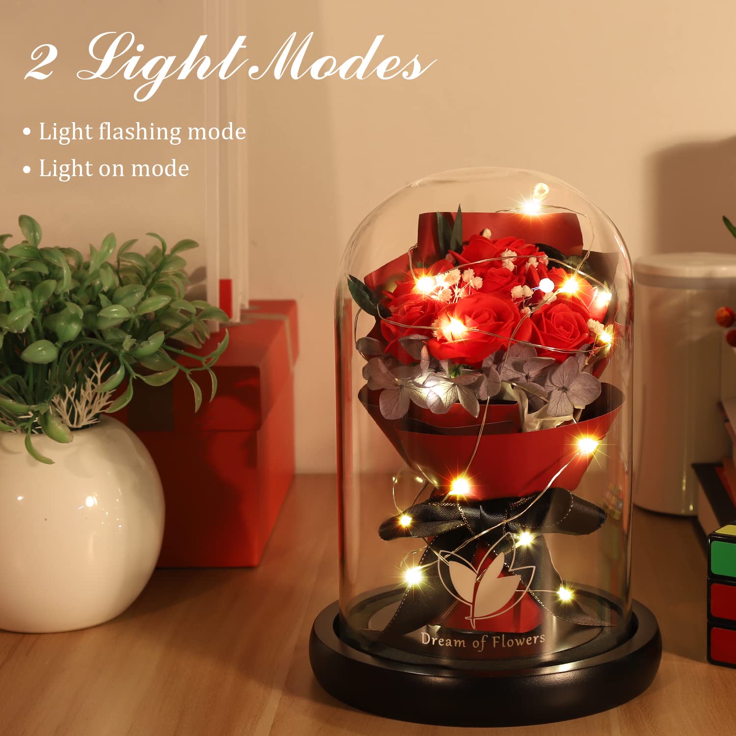 Valentines Day Gifts For Her,Birthday Gifts For Women,Beauty And The Beast Rose In Glass Dome With 2 Light Modes,Enchanted Rose Flower Roses Bouquets Valentines Gifts For Daughter Mom Wife Girlfriend