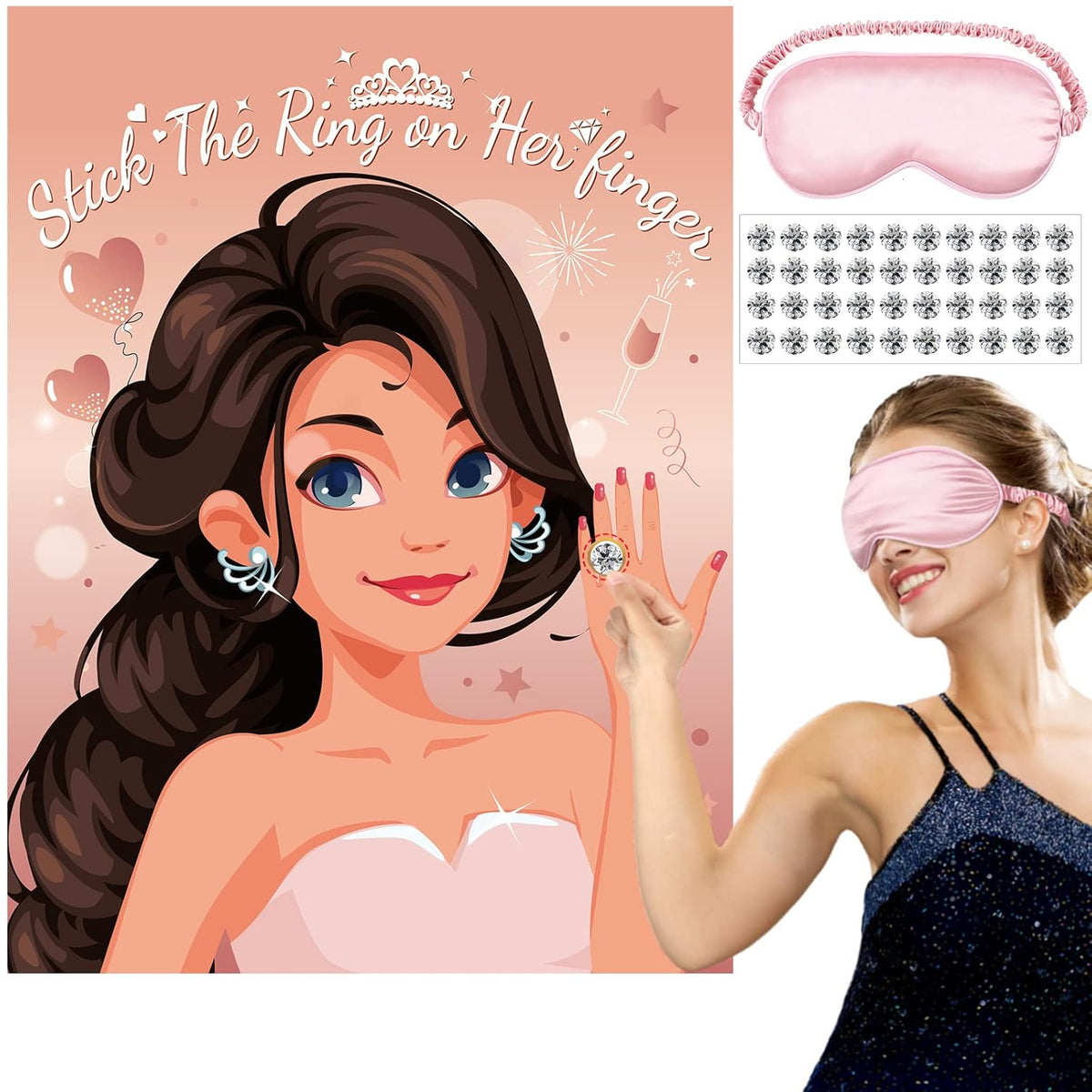 42 Pcs Pin The Ring On The Bride Bridal Shower Bachelorette Party Night Party Games Pin Game With Rose Gold Bridal Poster Ring Stickers Blindfold For Women Wedding Engagement