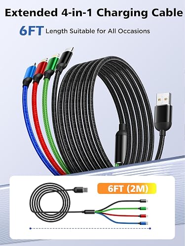 2 Pack 6FT 4 in 1 Multi Charging Cable USB C Lightning Micro USB Braided Cord